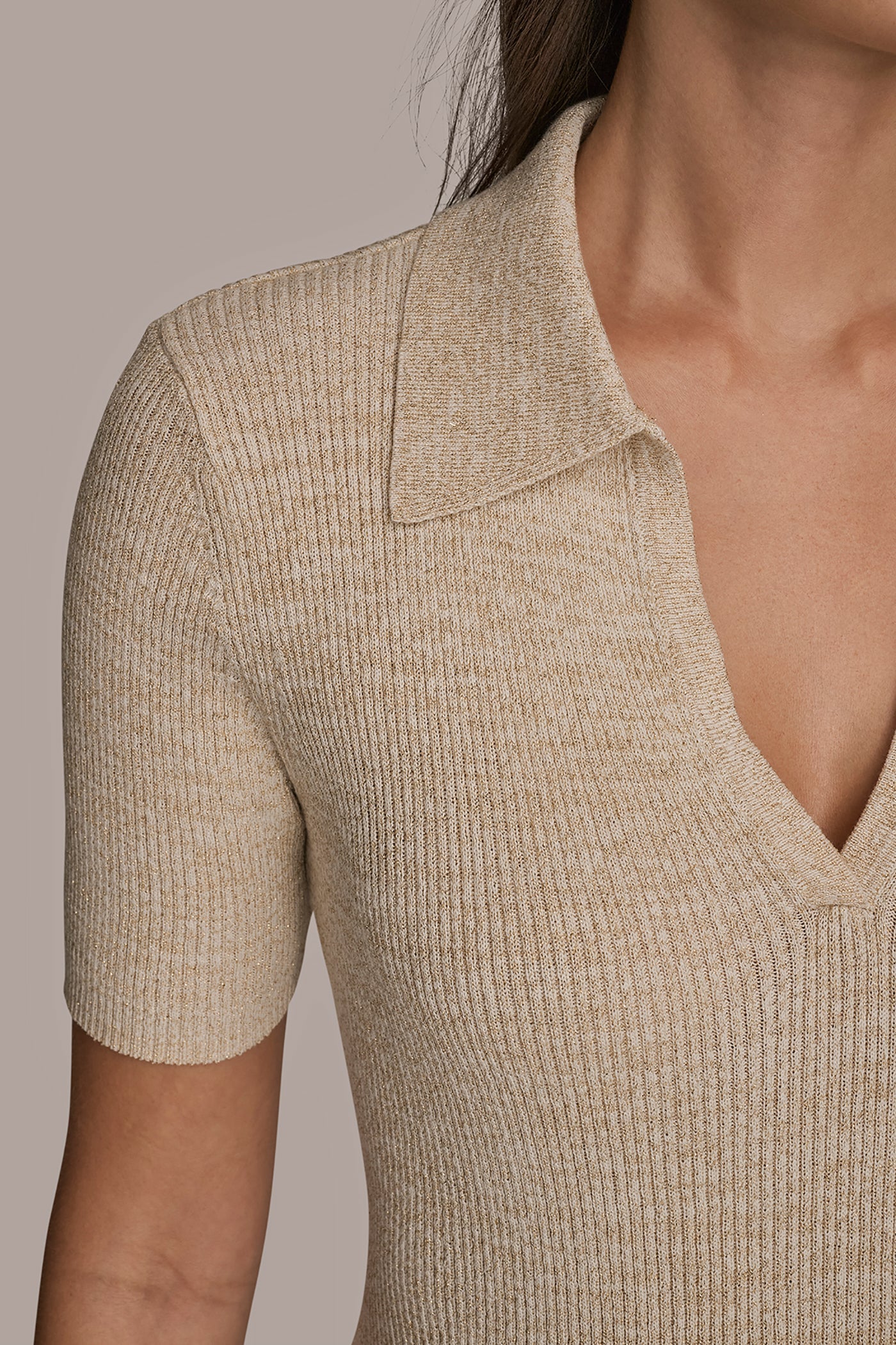 CREAM/GOLD ELBOW-SLEEVE METALLIC RIBBED POLO SWEATER Donna Karan