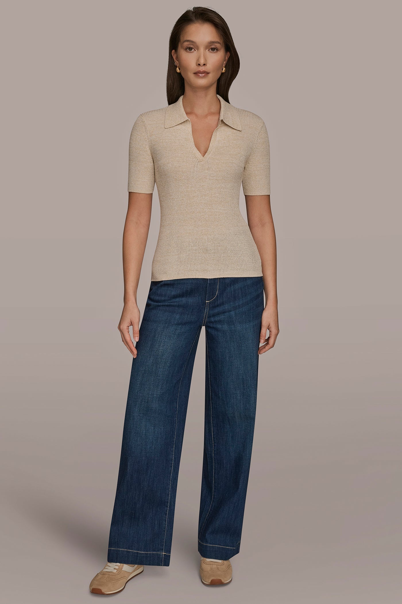 CREAM/GOLD ELBOW-SLEEVE METALLIC RIBBED POLO SWEATER Donna Karan