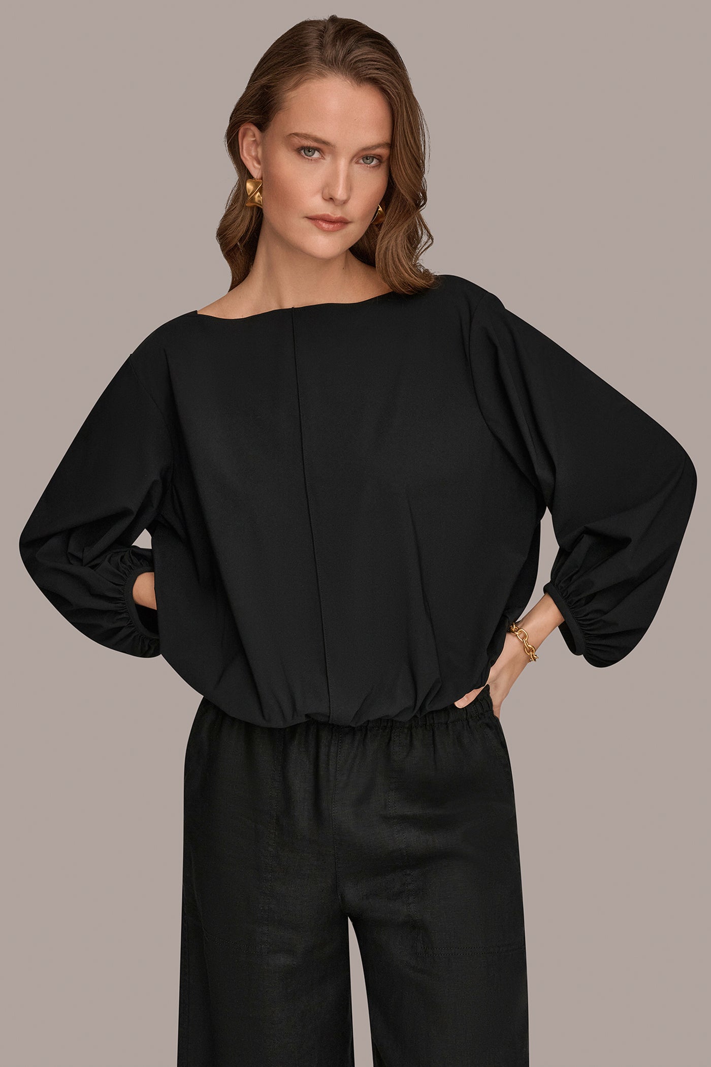 Black THE MODERN TRAVEL BALLOON SLEEVE BLOUSE Donna Karan
