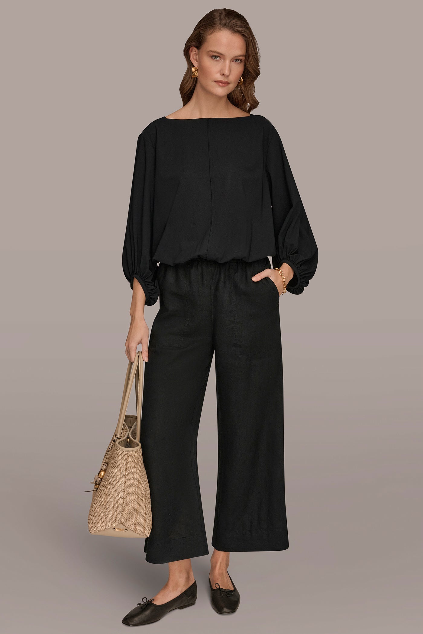 Black THE MODERN TRAVEL BALLOON SLEEVE BLOUSE Donna Karan