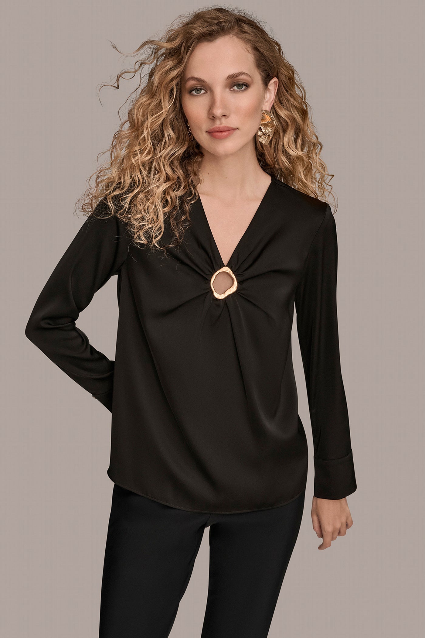 Black LONG SLEEVE RING V-NECK BLOUSE Donna Karan