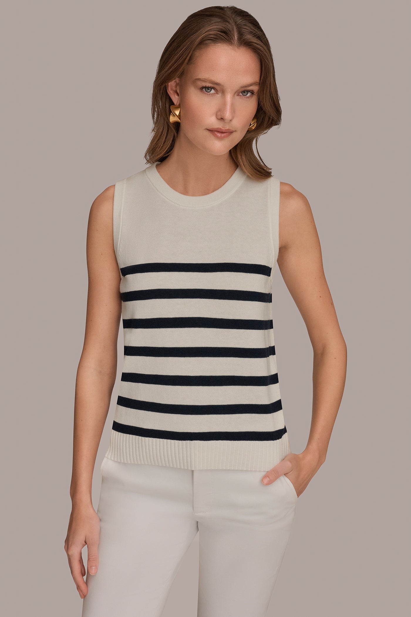 Cream/Nightfall COTTON AND CASHMERE SLEEVELESS STRIPED SWEATER Donna Karan