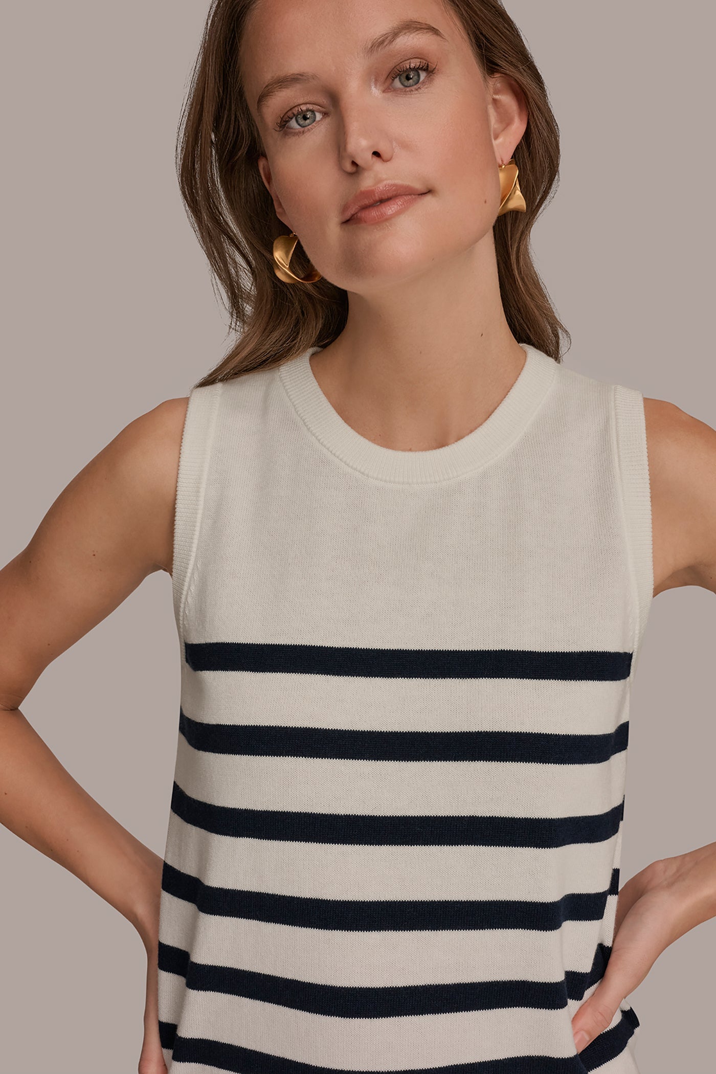 Cream/Nightfall COTTON AND CASHMERE SLEEVELESS STRIPED SWEATER Donna Karan