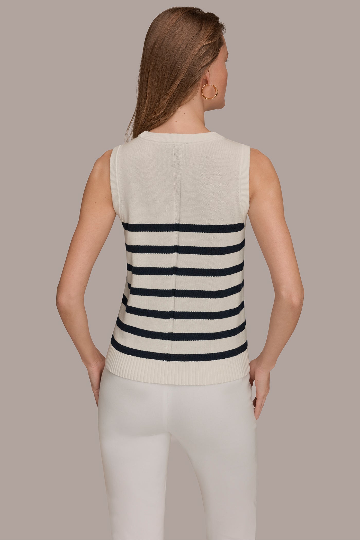 Cream/Nightfall COTTON AND CASHMERE SLEEVELESS STRIPED SWEATER Donna Karan