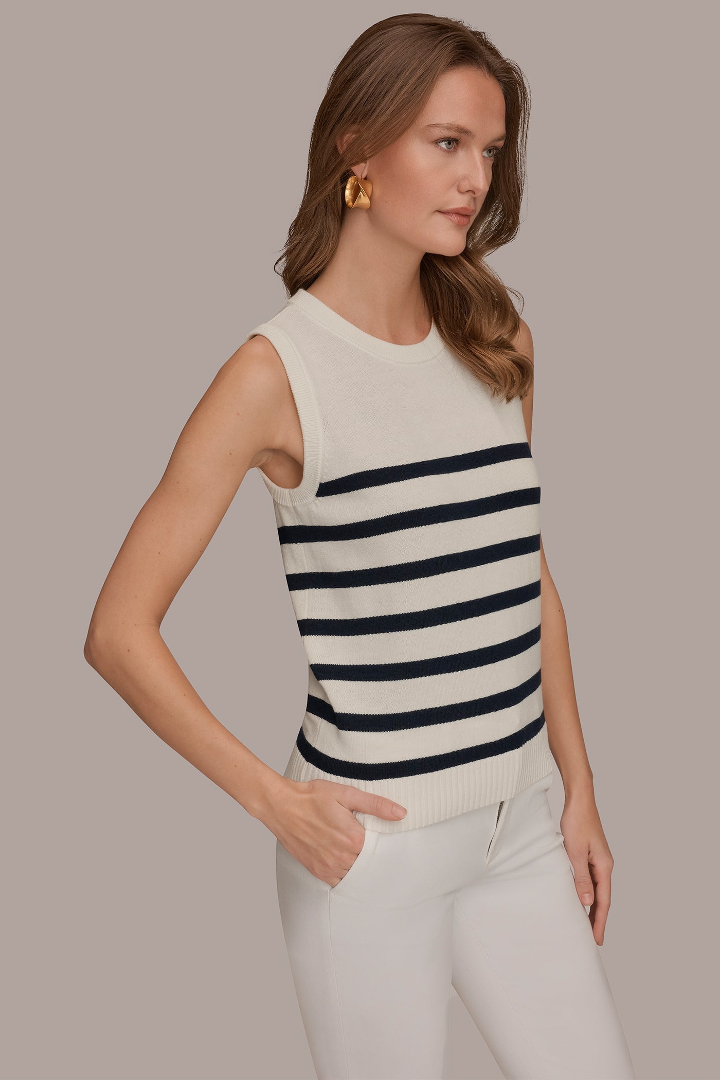Cream/Nightfall COTTON AND CASHMERE SLEEVELESS STRIPED SWEATER Donna Karan
