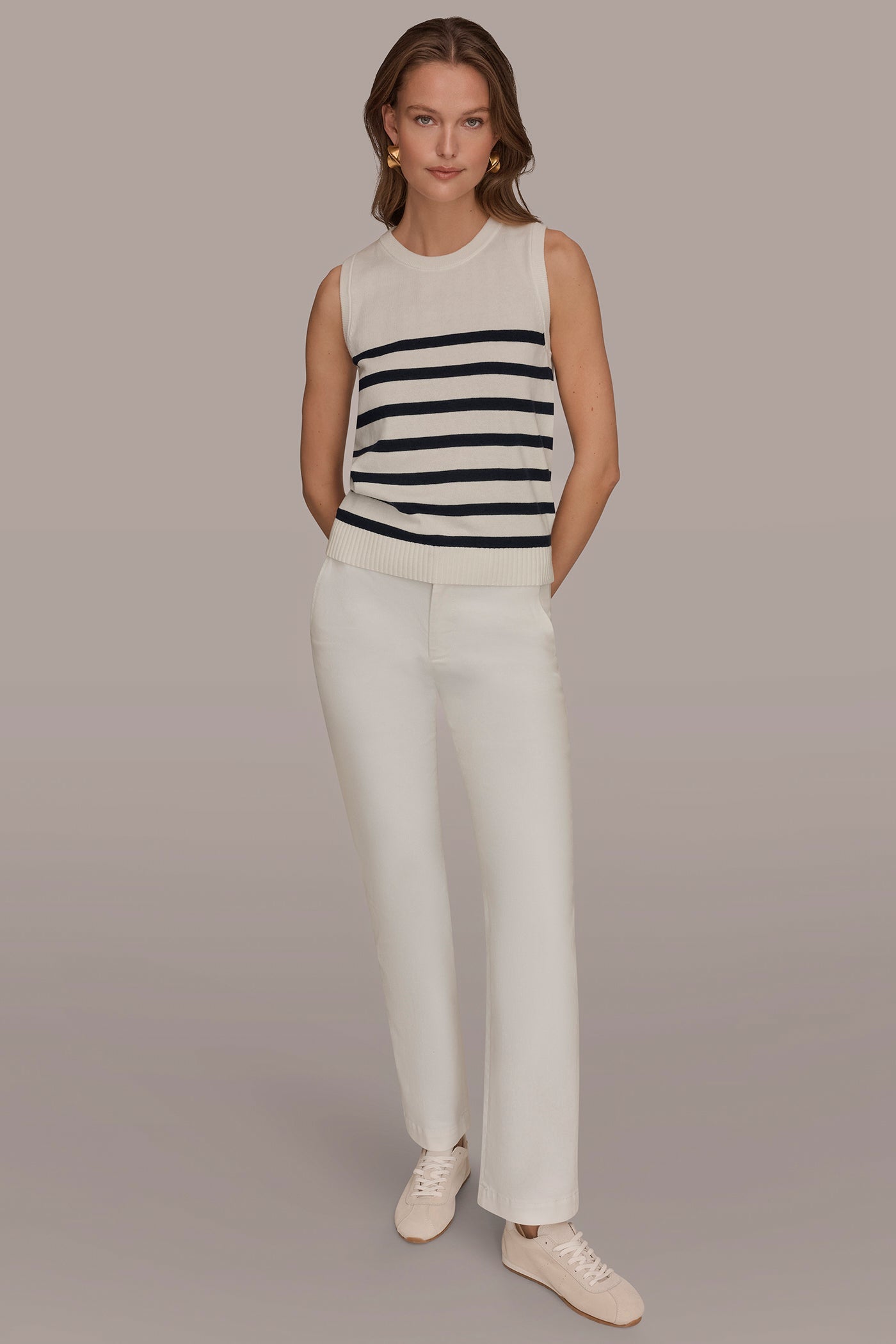 Cream/Nightfall COTTON AND CASHMERE SLEEVELESS STRIPED SWEATER Donna Karan