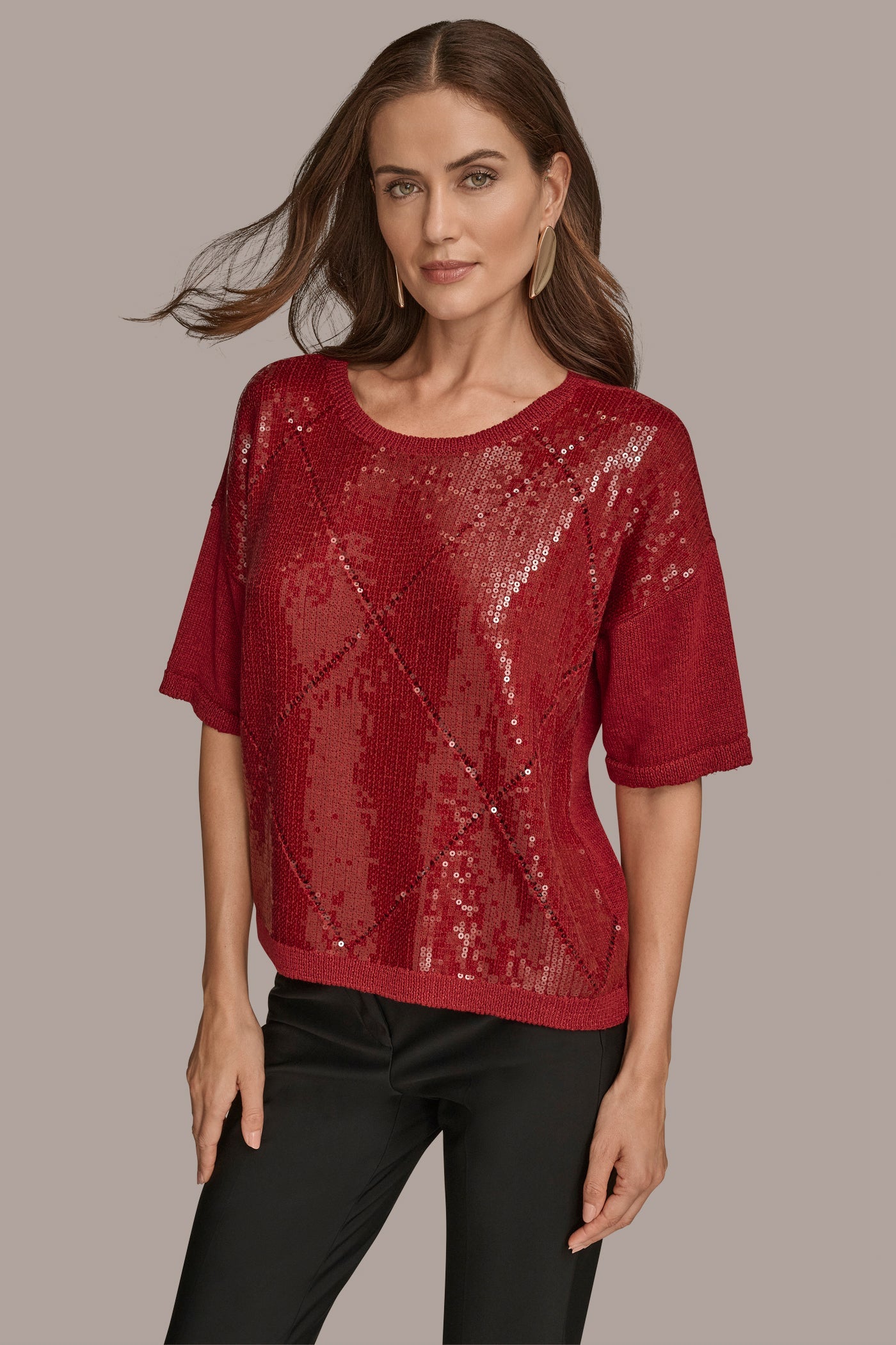 METROPOLITAN RED ELBOW-SLEEVE SEQUIN SWEATER Donna Karan