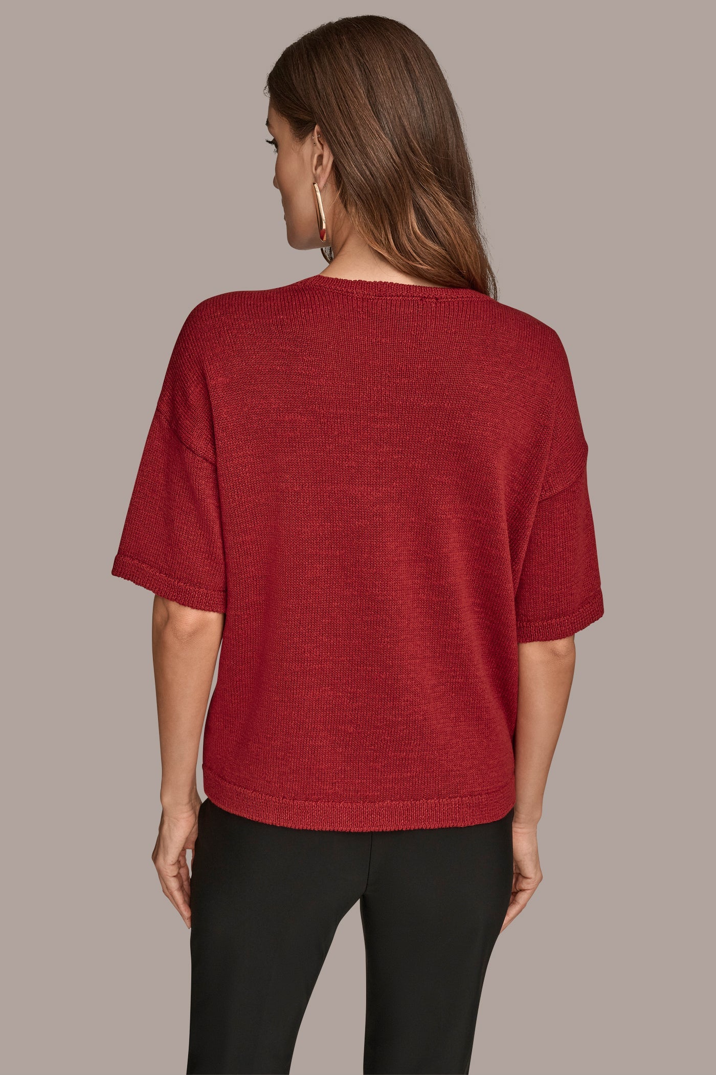 METROPOLITAN RED ELBOW-SLEEVE SEQUIN SWEATER Donna Karan