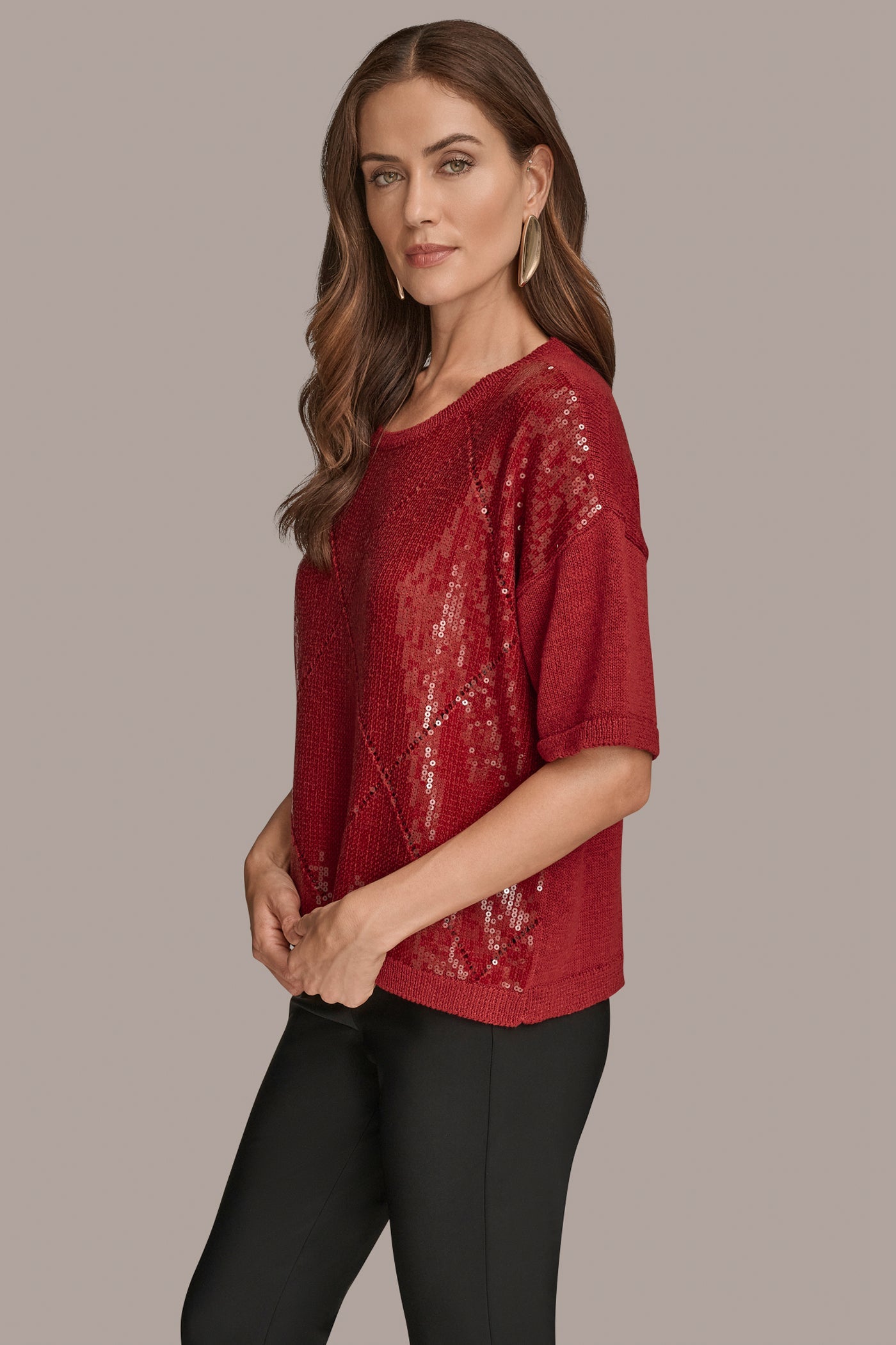 METROPOLITAN RED ELBOW-SLEEVE SEQUIN SWEATER Donna Karan