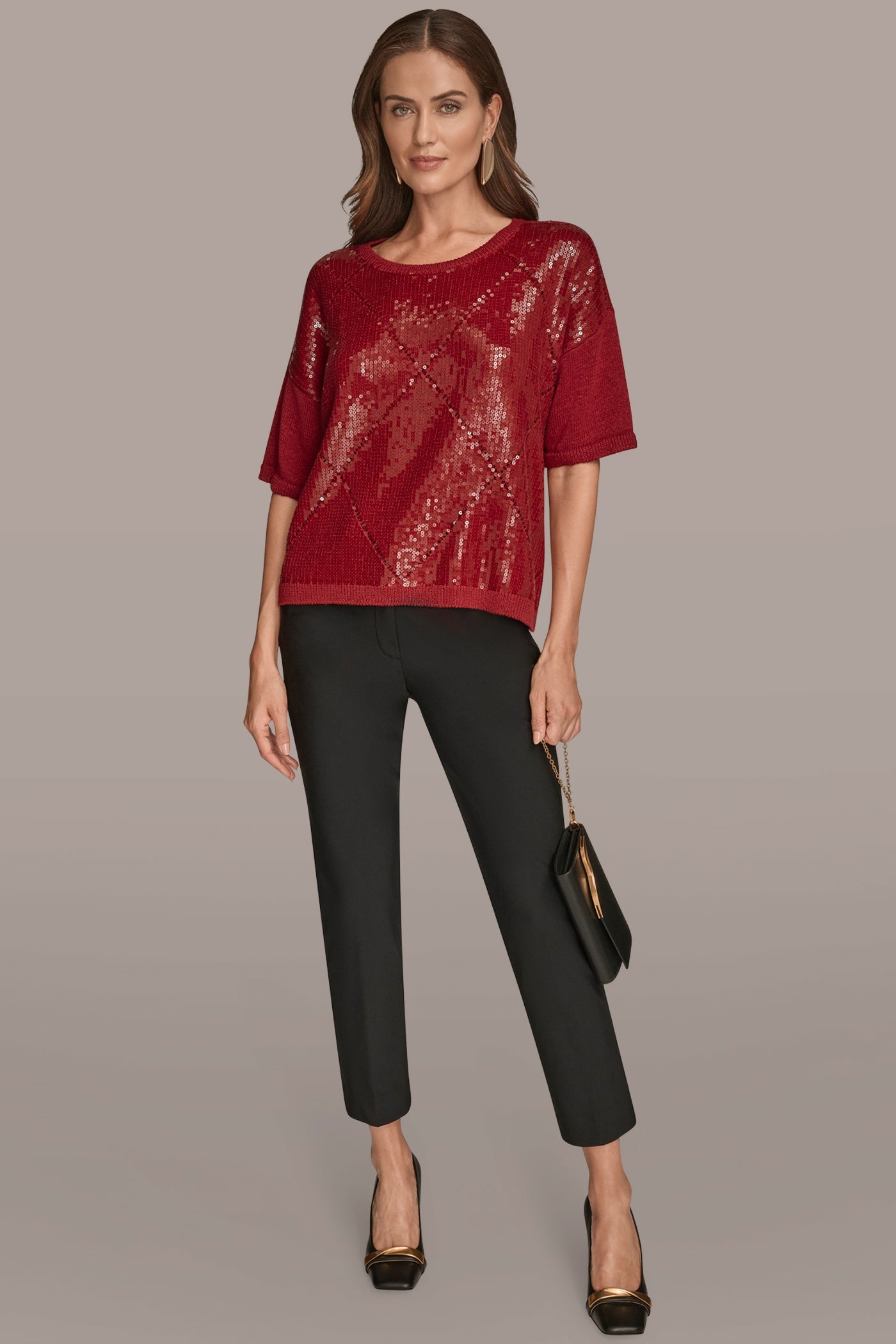 METROPOLITAN RED ELBOW-SLEEVE SEQUIN SWEATER Donna Karan