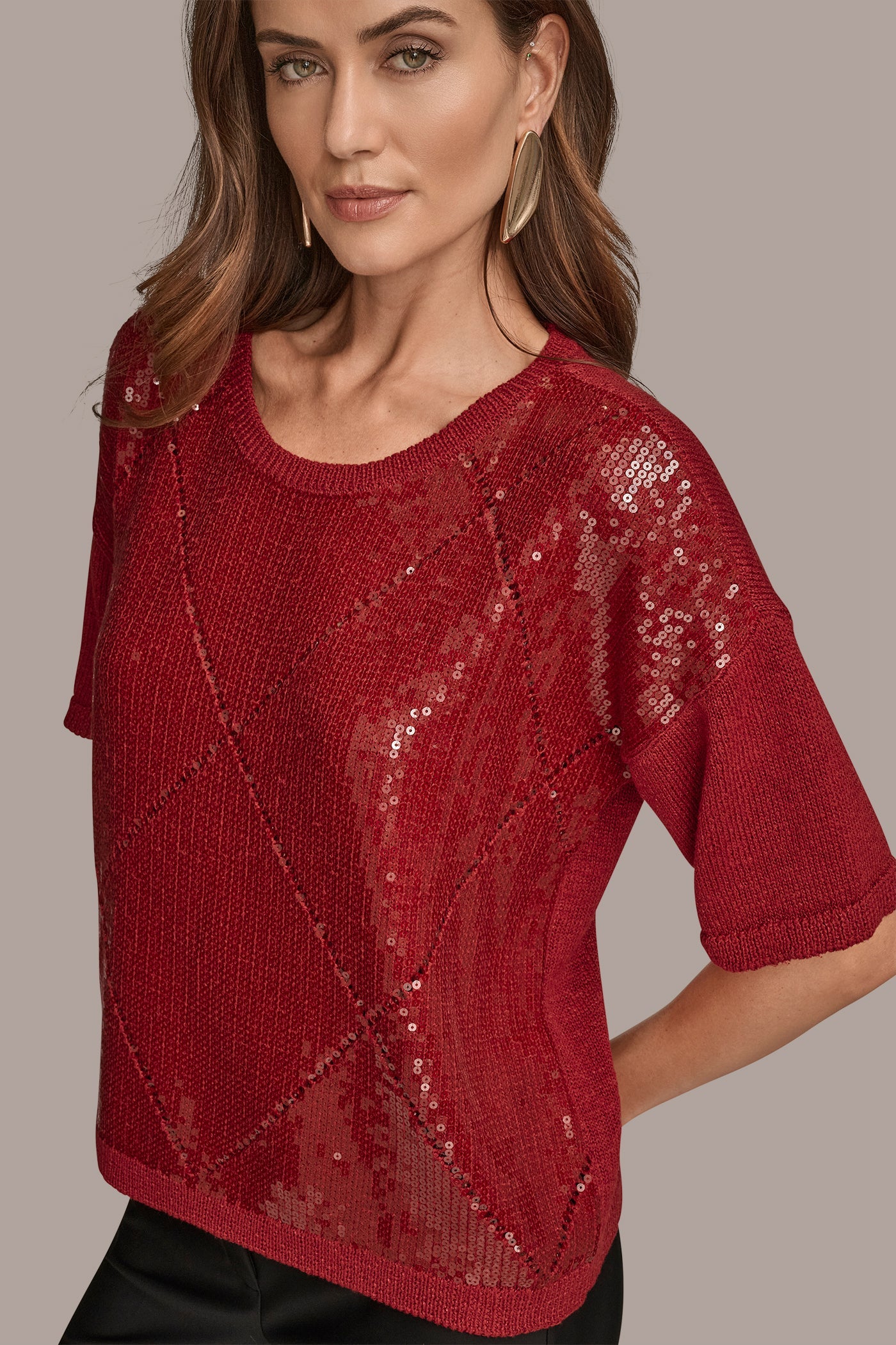 METROPOLITAN RED ELBOW-SLEEVE SEQUIN SWEATER Donna Karan