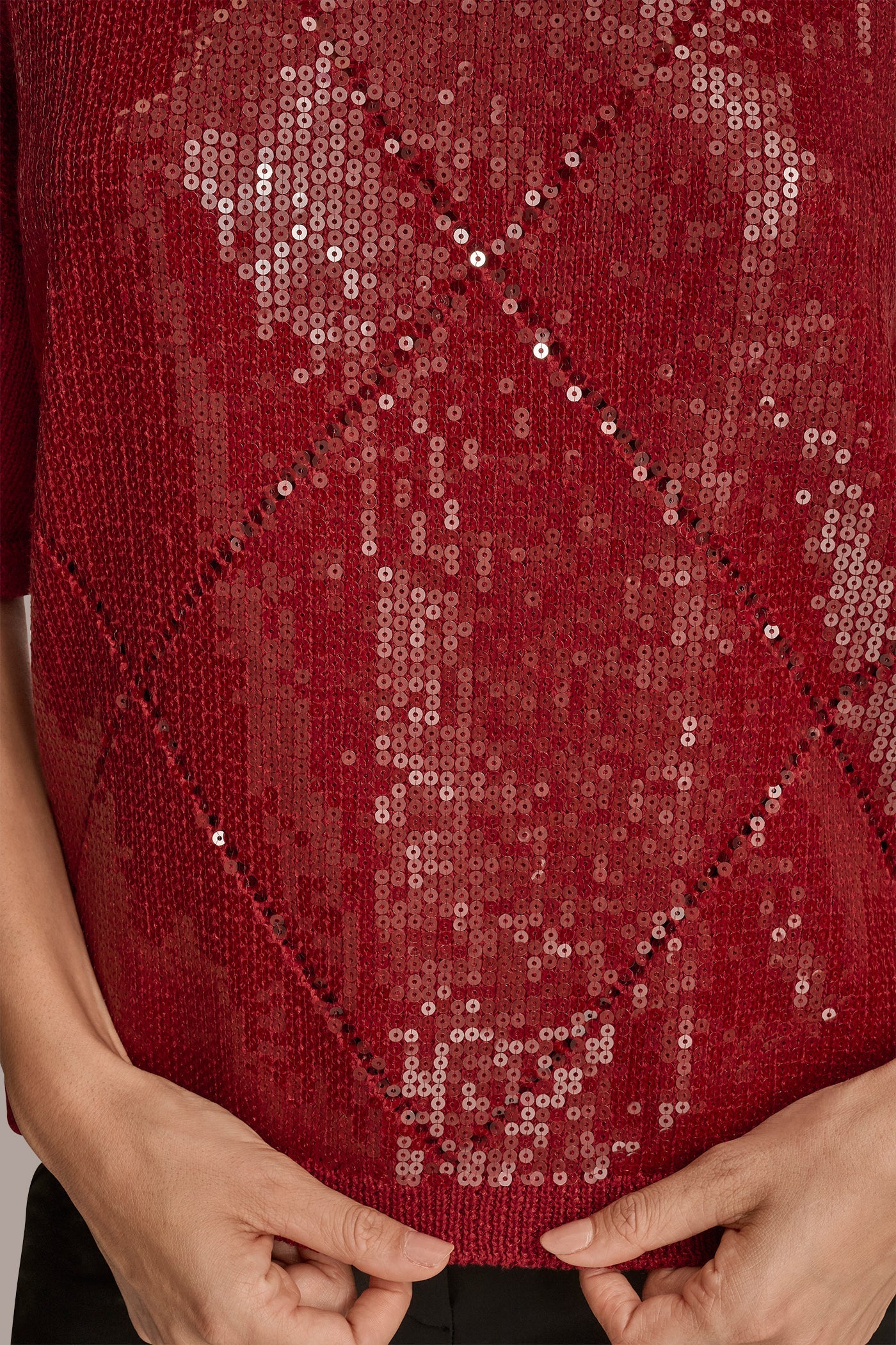 METROPOLITAN RED ELBOW-SLEEVE SEQUIN SWEATER Donna Karan