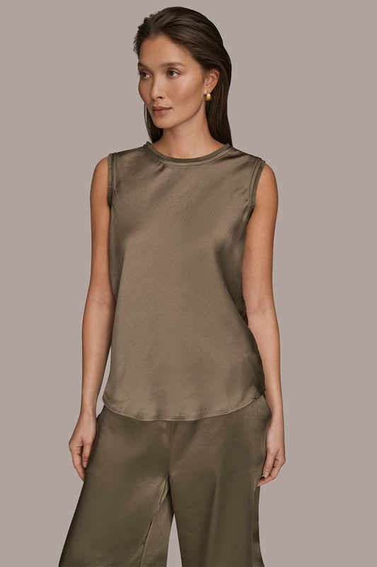 KHAKI GREEN SATIN FRINGE-TRIMMED SLEEVELESS BLOUSE Donna Karan