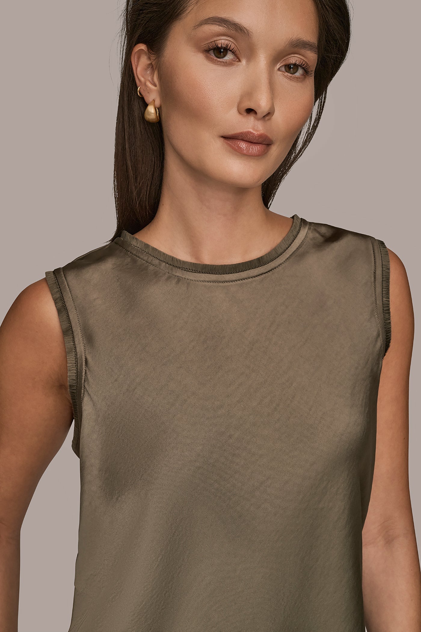 KHAKI GREEN SATIN FRINGE-TRIMMED SLEEVELESS BLOUSE Donna Karan