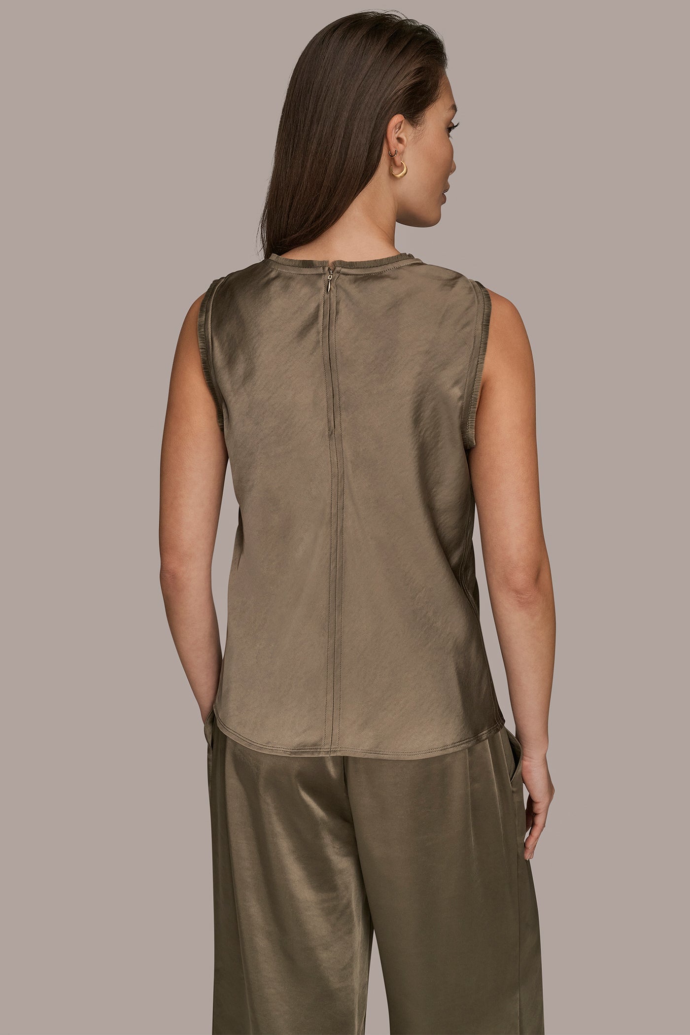 KHAKI GREEN SATIN FRINGE-TRIMMED SLEEVELESS BLOUSE Donna Karan