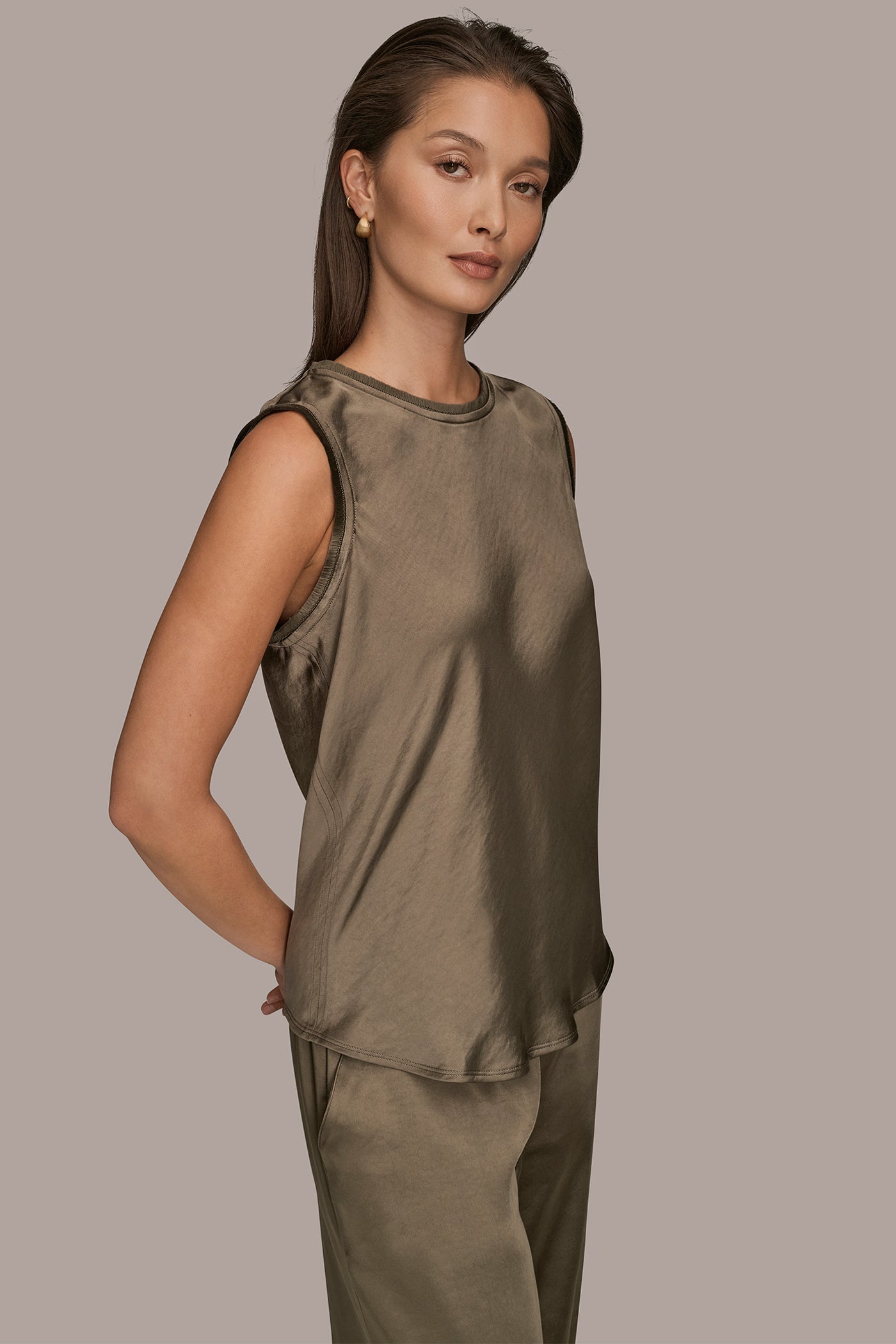 KHAKI GREEN SATIN FRINGE-TRIMMED SLEEVELESS BLOUSE Donna Karan