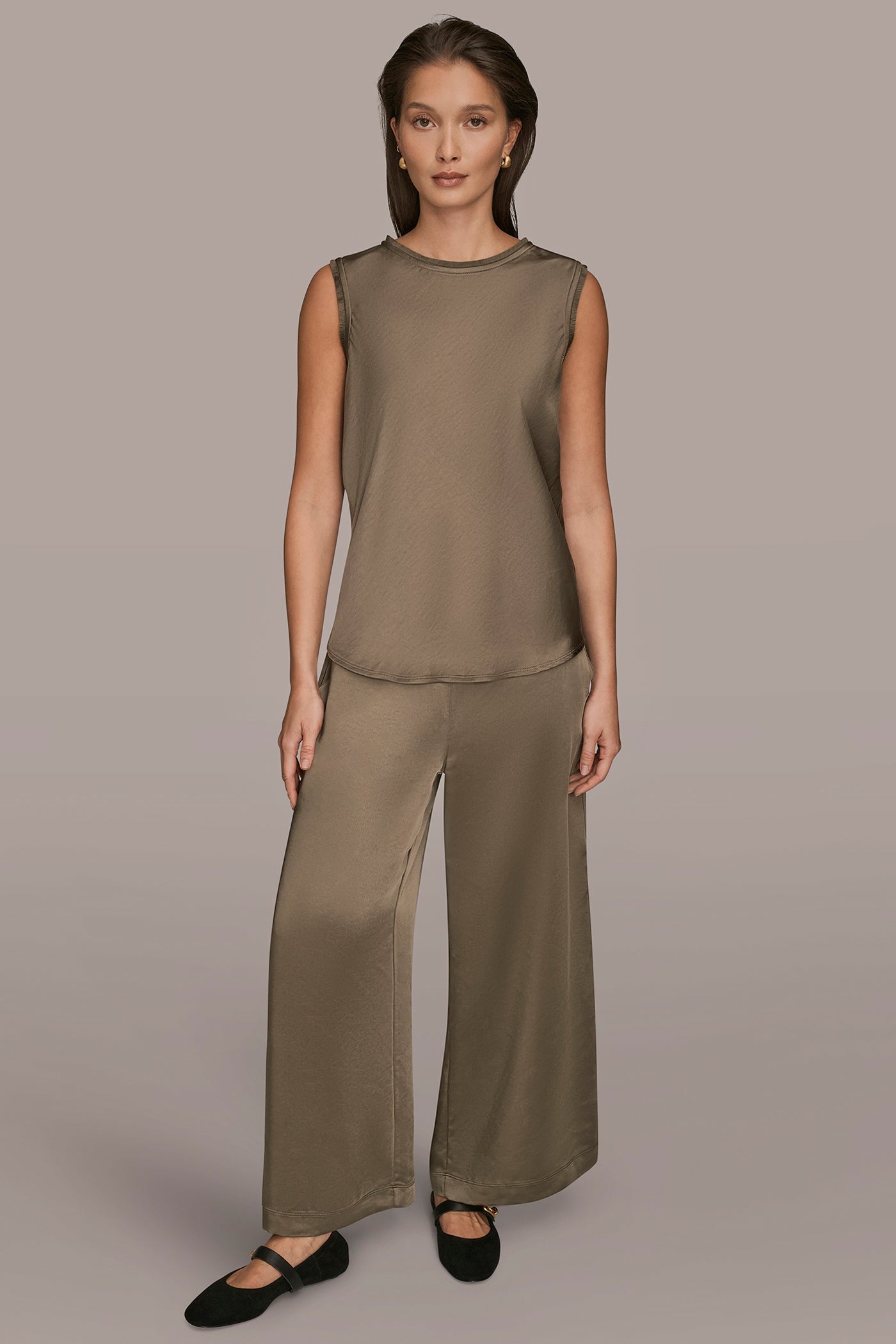KHAKI GREEN SATIN FRINGE-TRIMMED SLEEVELESS BLOUSE Donna Karan