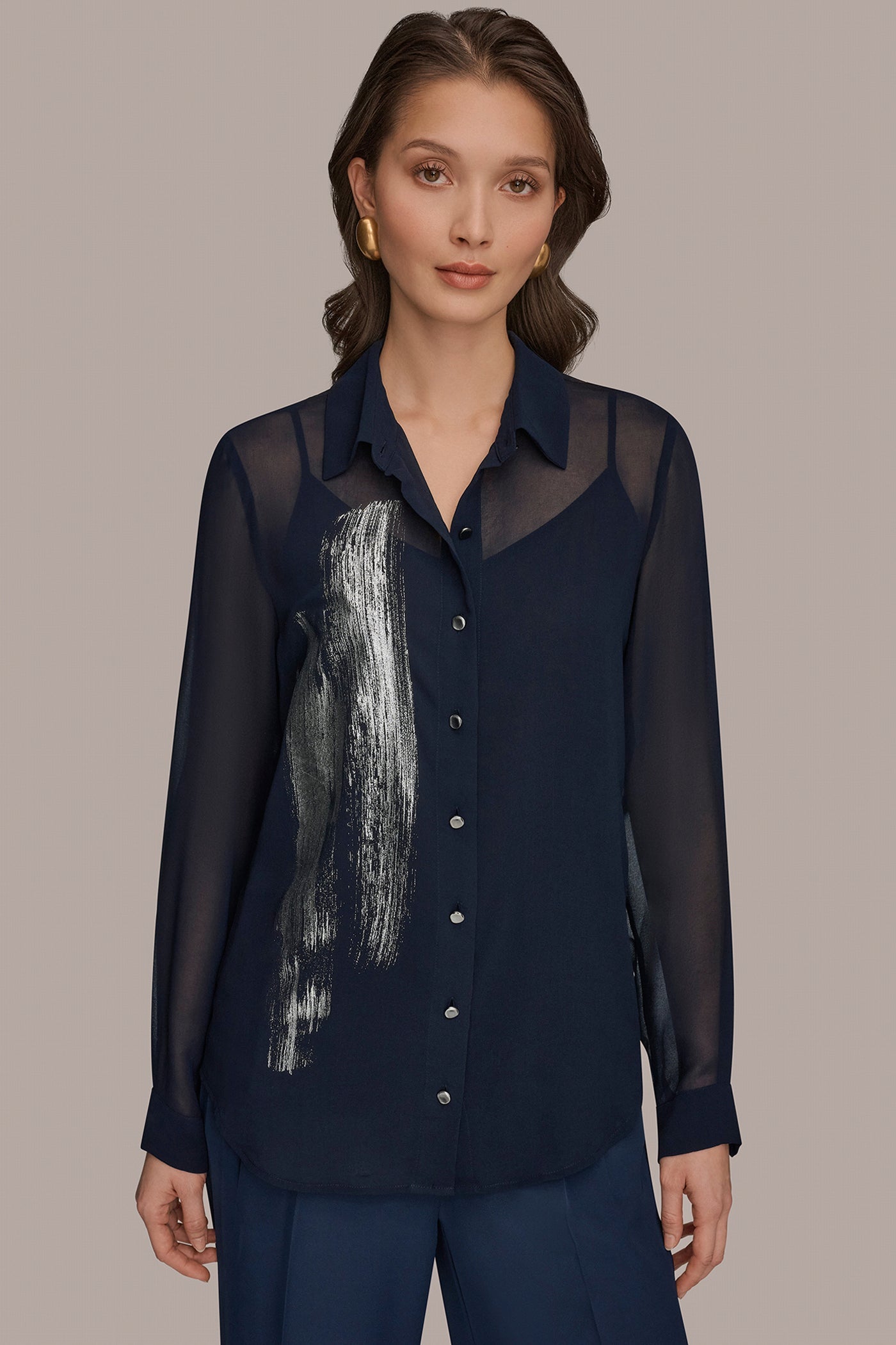 Nightfall/Gunmetal METALLIC BRUSHSTROKE BLOUSE Donna Karan