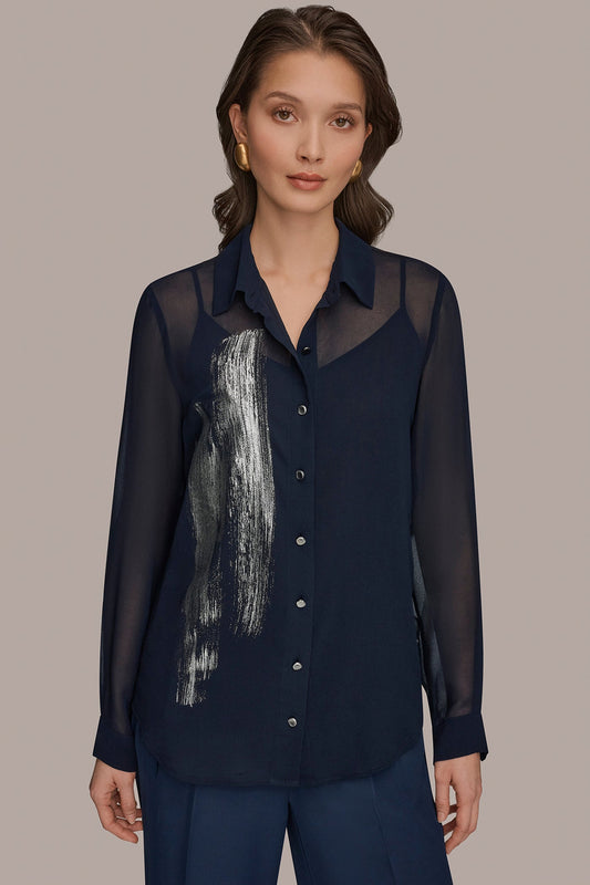 Nightfall/Gunmetal METALLIC BRUSHSTROKE BLOUSE Donna Karan
