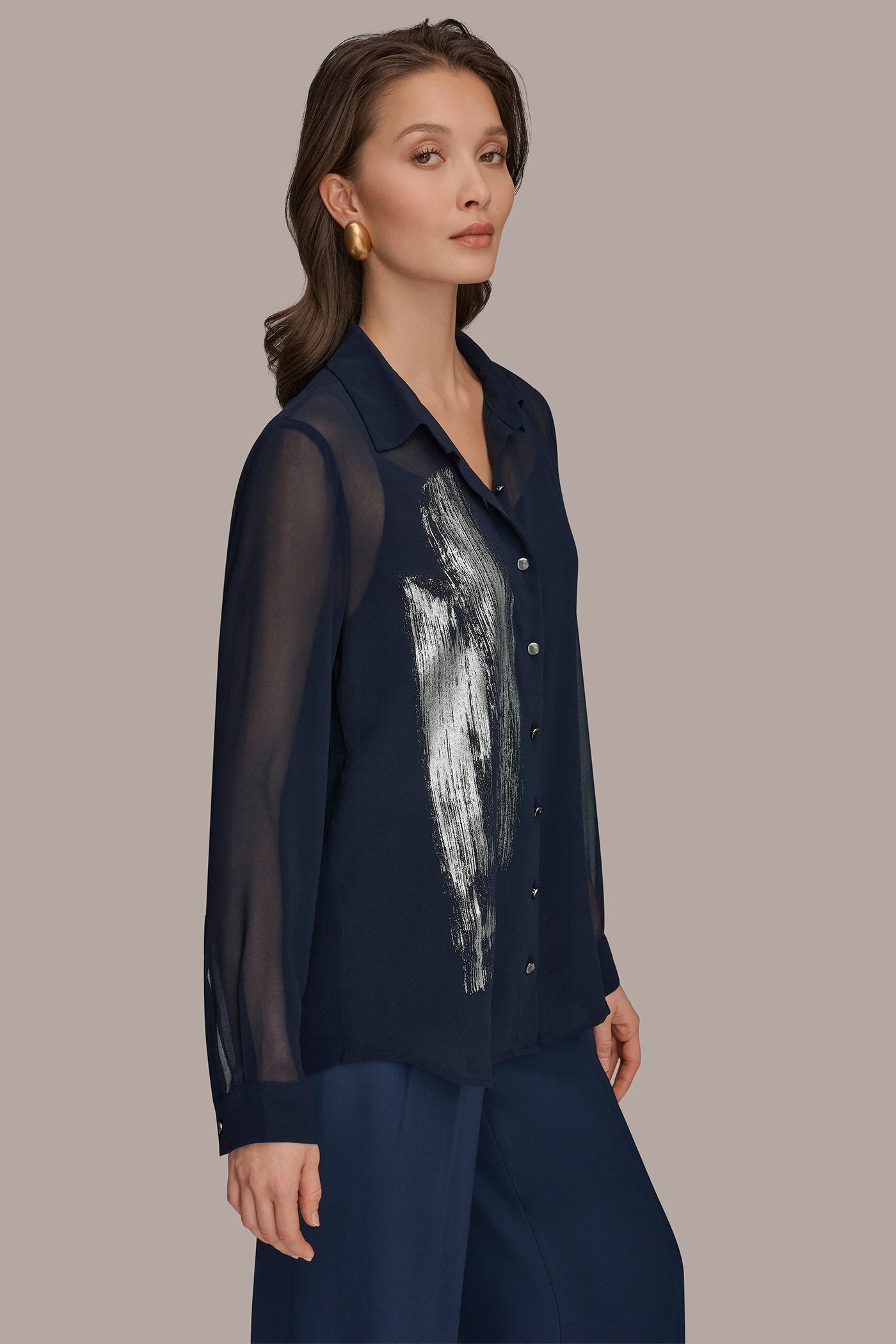 Nightfall/Gunmetal METALLIC BRUSHSTROKE BLOUSE Donna Karan