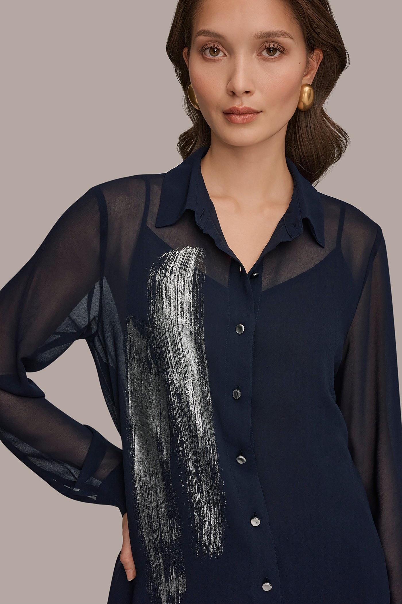 Nightfall/Gunmetal METALLIC BRUSHSTROKE BLOUSE Donna Karan