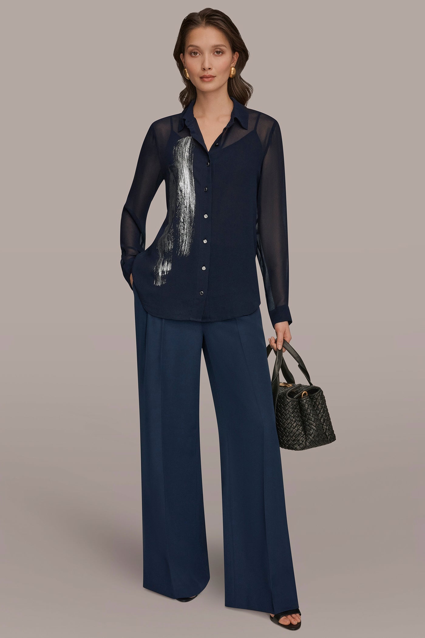 Nightfall/Gunmetal METALLIC BRUSHSTROKE BLOUSE Donna Karan
