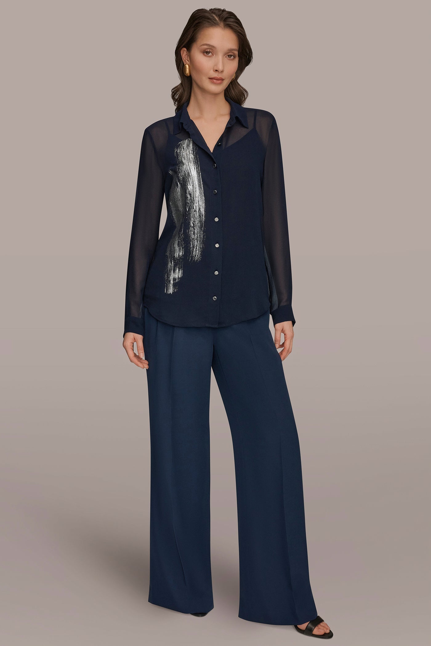 Nightfall/Gunmetal METALLIC BRUSHSTROKE BLOUSE Donna Karan