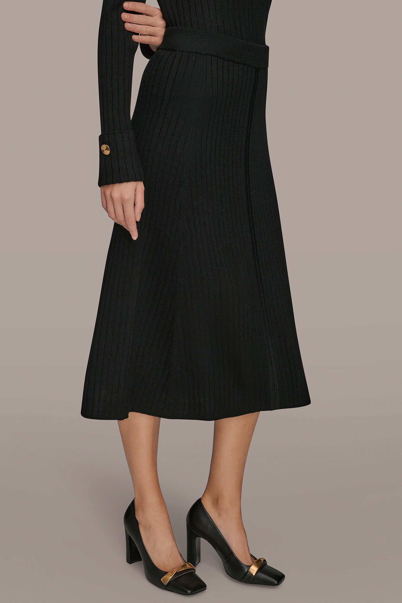 Black RIBBED SWEATER MIDI A-LINE SKIRT Donna Karan