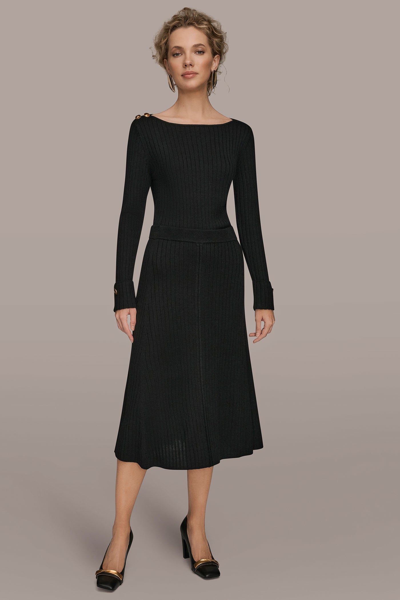 Black RIBBED SWEATER MIDI A-LINE SKIRT Donna Karan