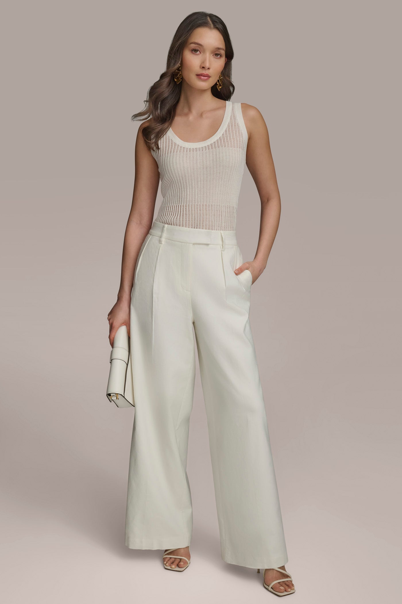 CREAM PLEATED WIDE LEG PANT Donna Karan