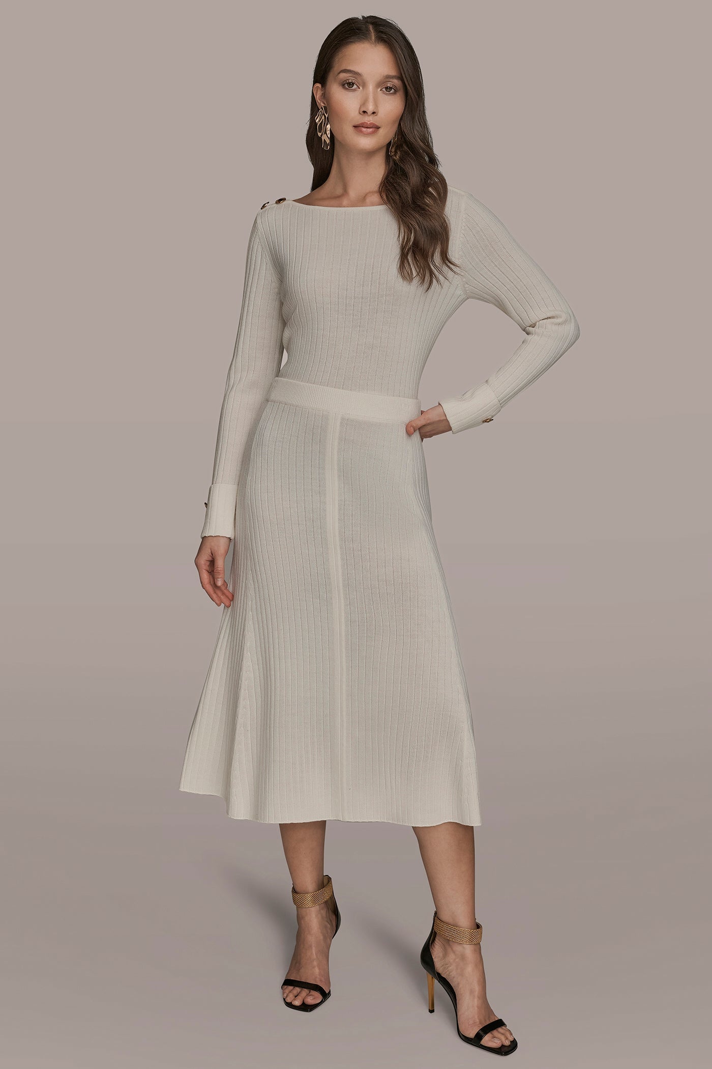CREAM SEAMED MIDI A-LINE SWEATER SKIRT Donna Karan