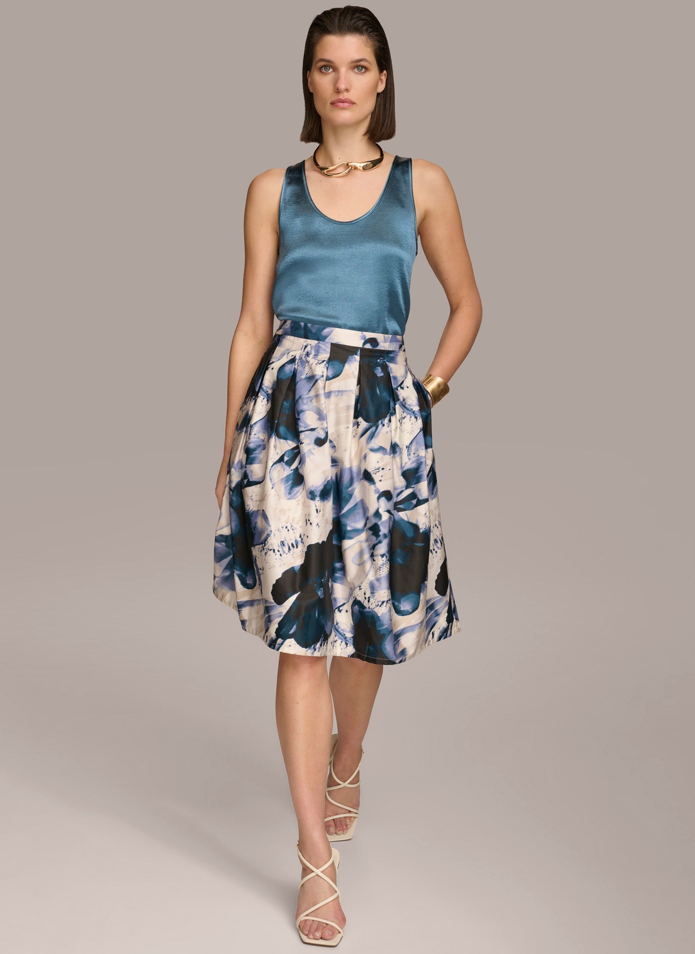 Tide/Cream PRINTED SKIRT WITH PLEATS Donna Karan