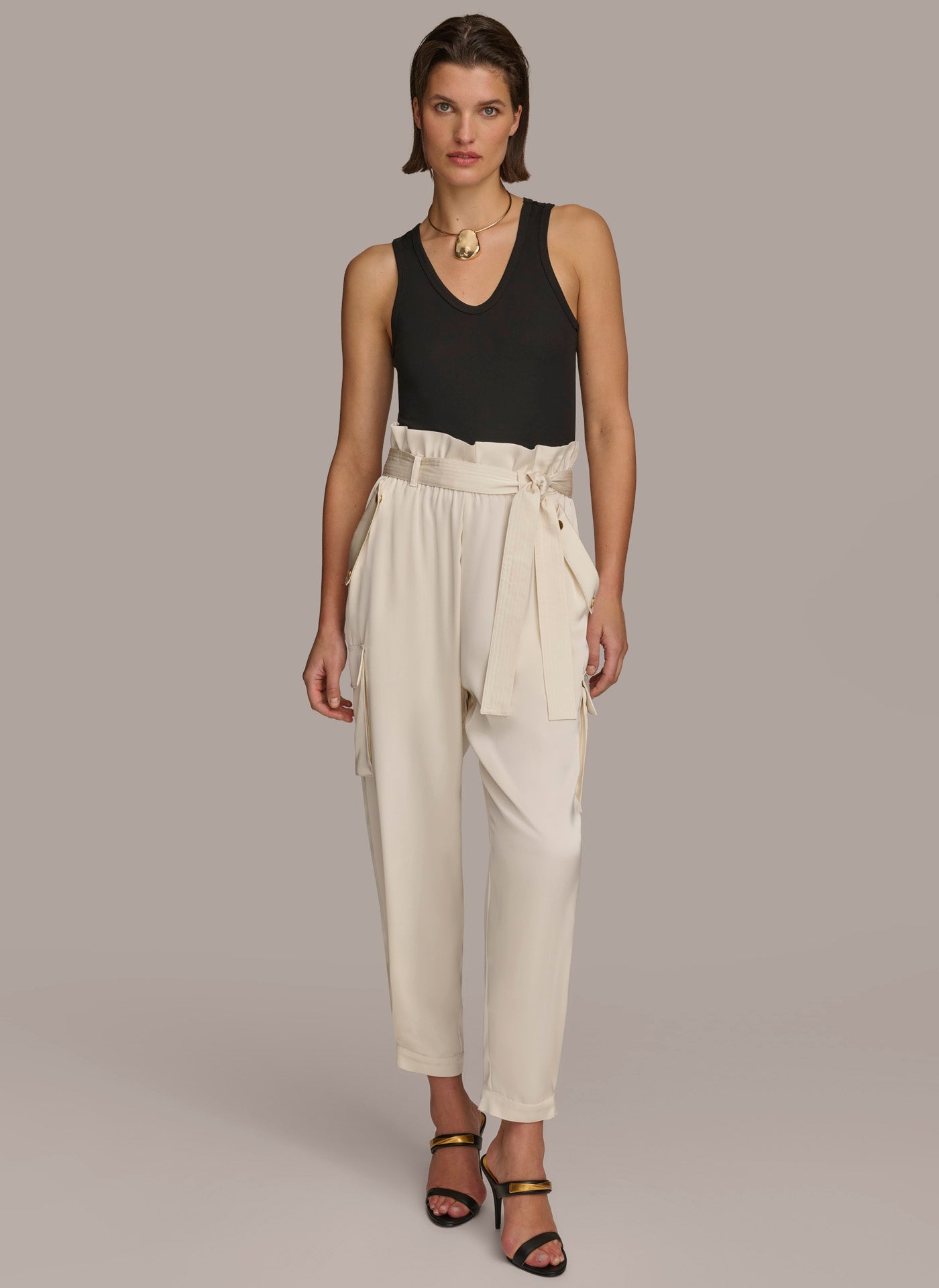 Cream CARGO PANT WITH TIE BELT Donna Karan