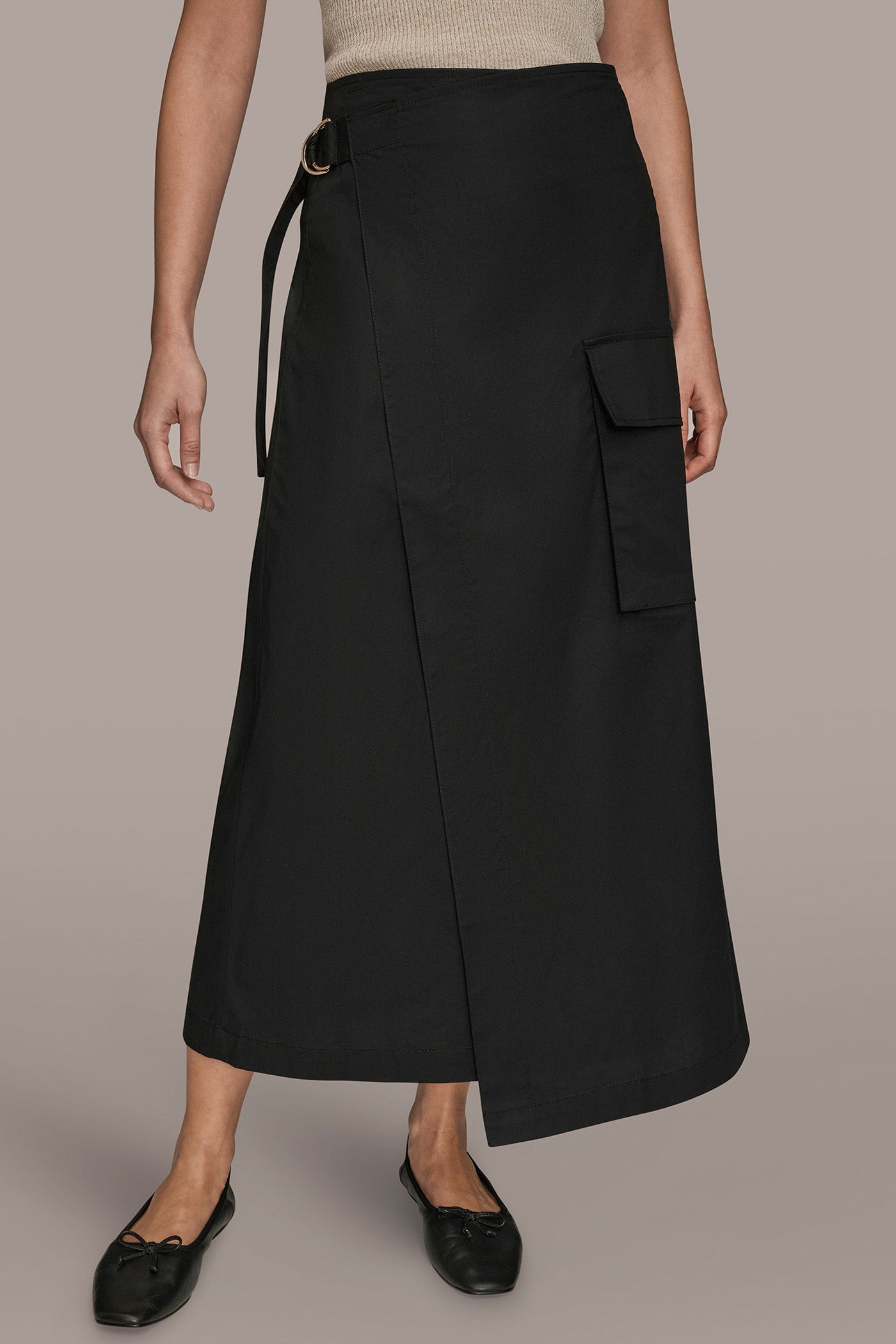 Black ASYMMETRIC MIDI WRAP CARGO SKIRT Donna Karan