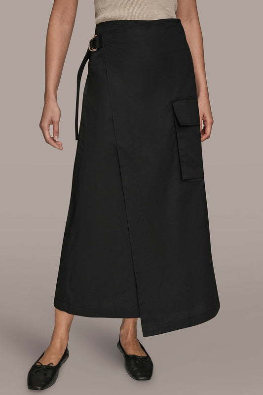 Black ASYMMETRIC MIDI WRAP CARGO SKIRT Donna Karan