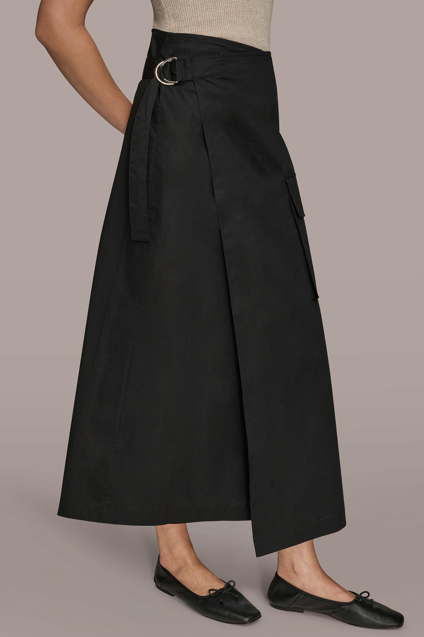 Black ASYMMETRIC MIDI WRAP CARGO SKIRT Donna Karan