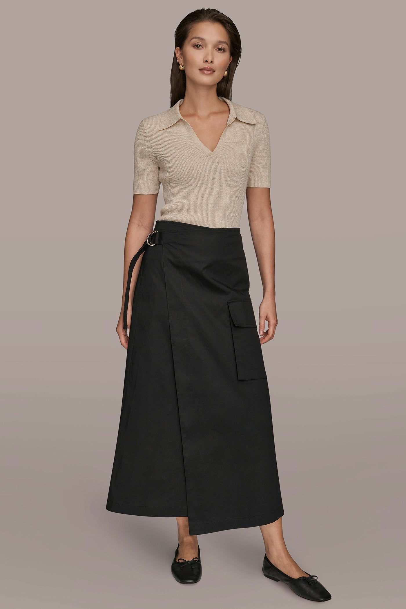 Black ASYMMETRIC MIDI WRAP CARGO SKIRT Donna Karan