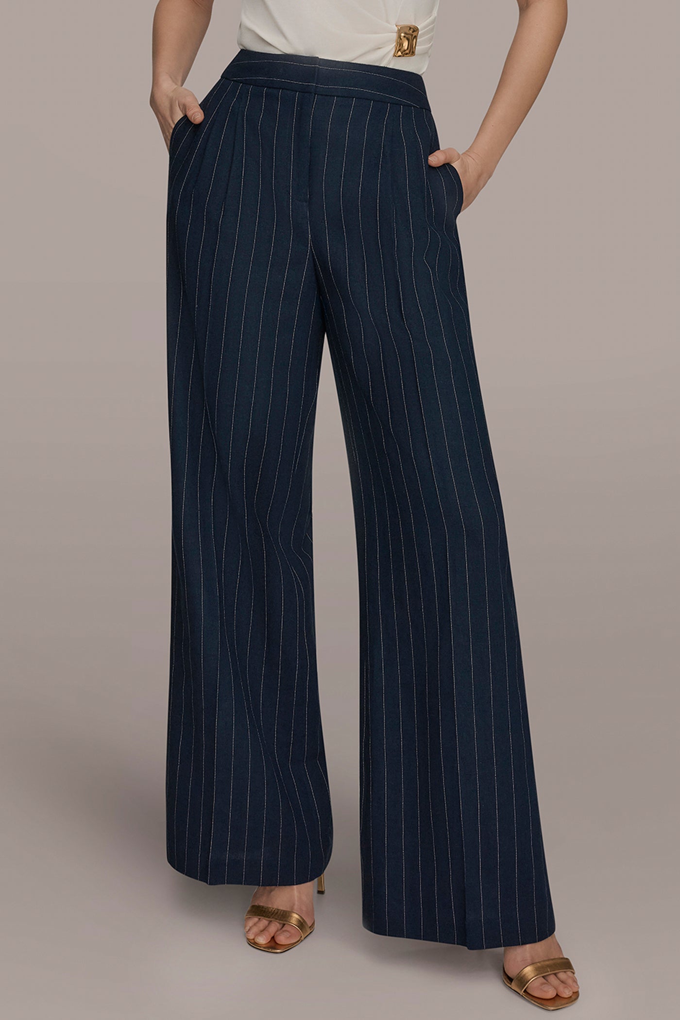Nightfall/Cream LINEN-BLEND PINSTRIPE WIDE-LEG SUIT PANT Donna Karan