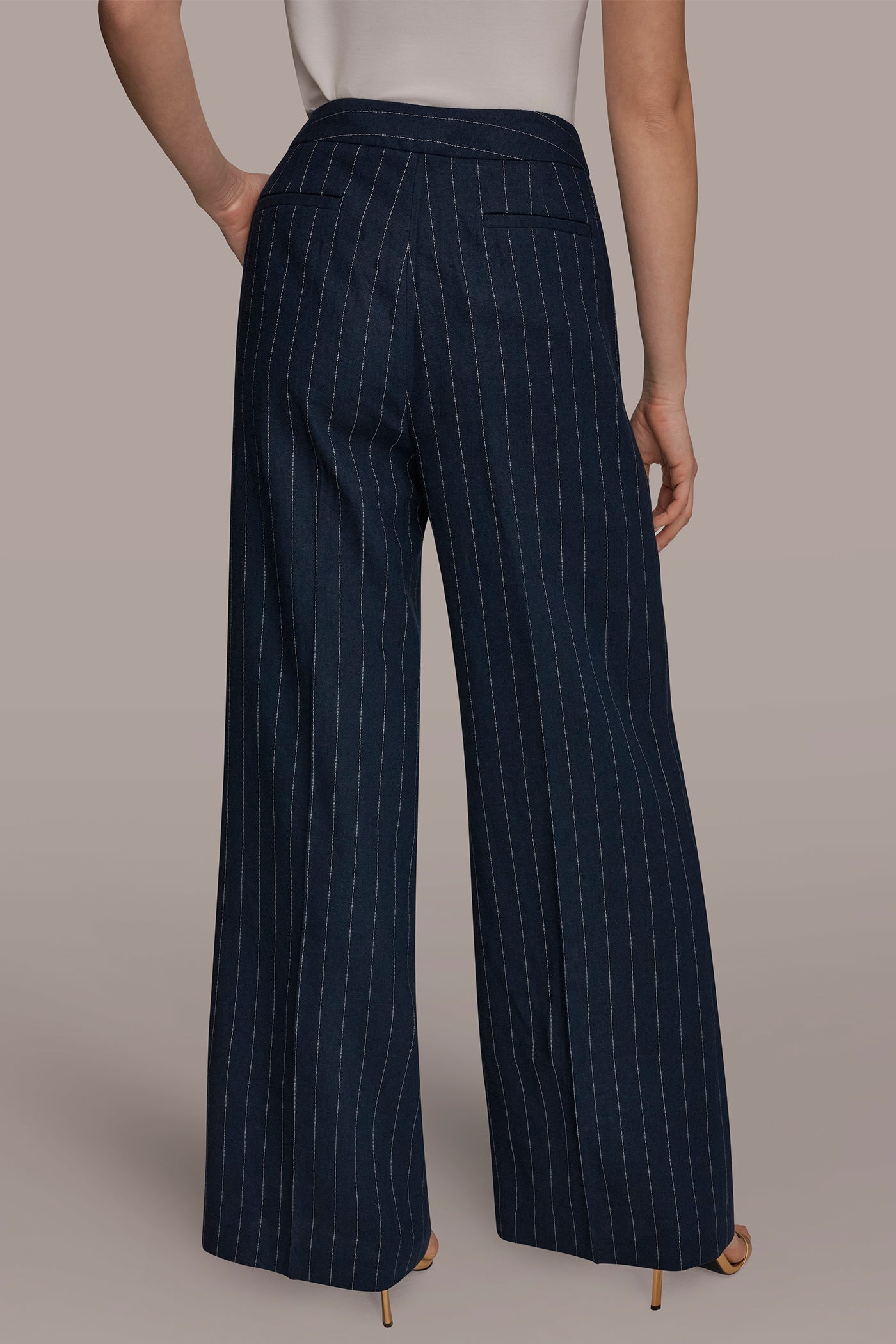 Nightfall/Cream LINEN-BLEND PINSTRIPE WIDE-LEG SUIT PANT Donna Karan