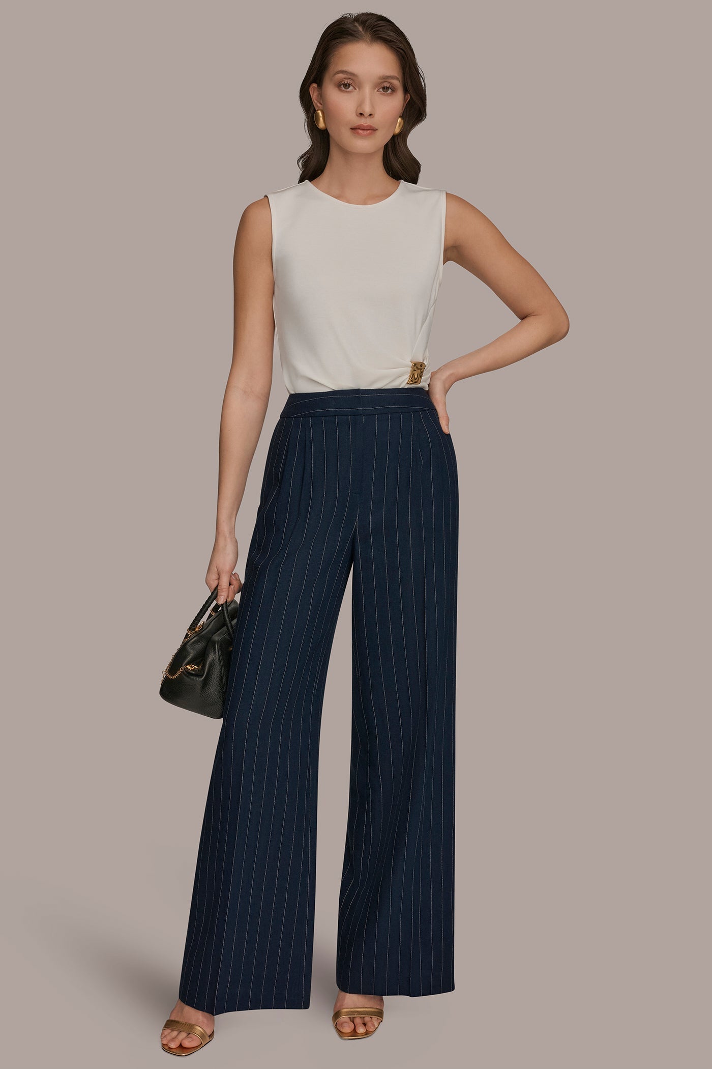 Nightfall/Cream LINEN-BLEND PINSTRIPE WIDE-LEG SUIT PANT Donna Karan