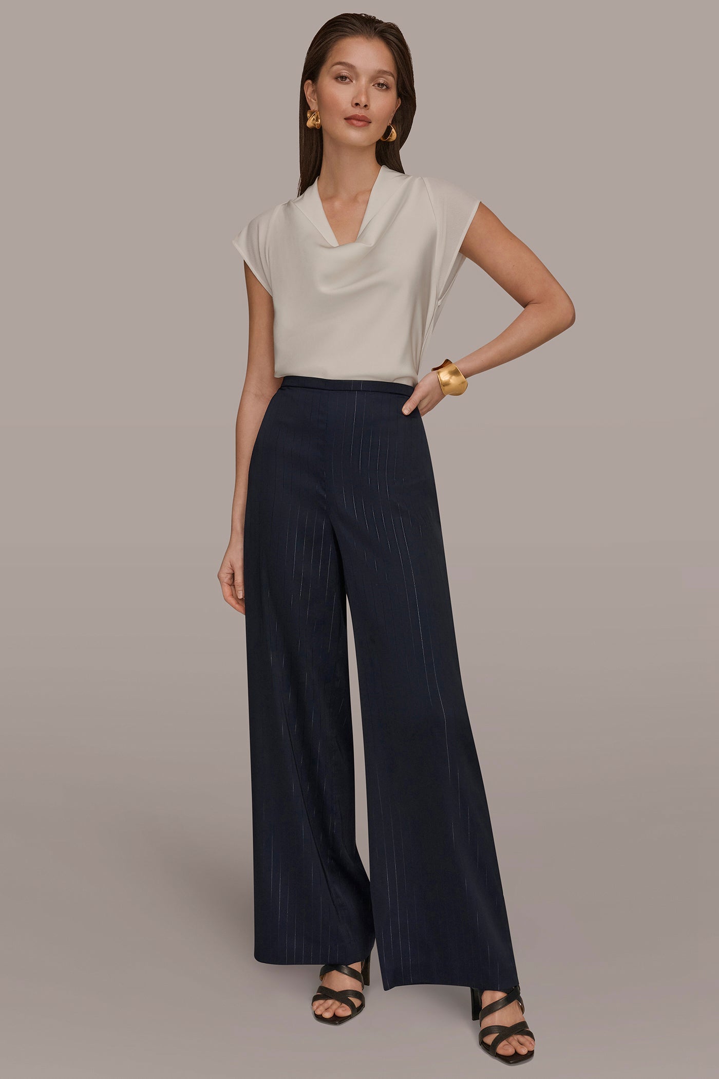 Navy/Silver Pinstrip WIDE LEG PULL ON PANT Donna Karan