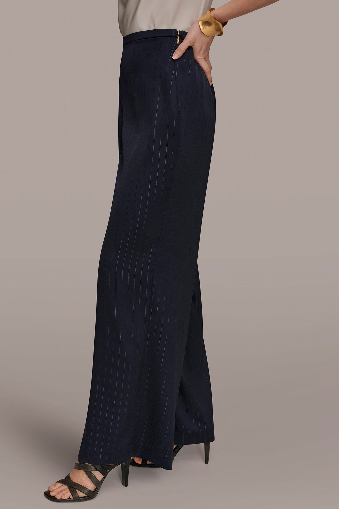 Navy/Silver Pinstrip WIDE LEG PULL ON PANT Donna Karan