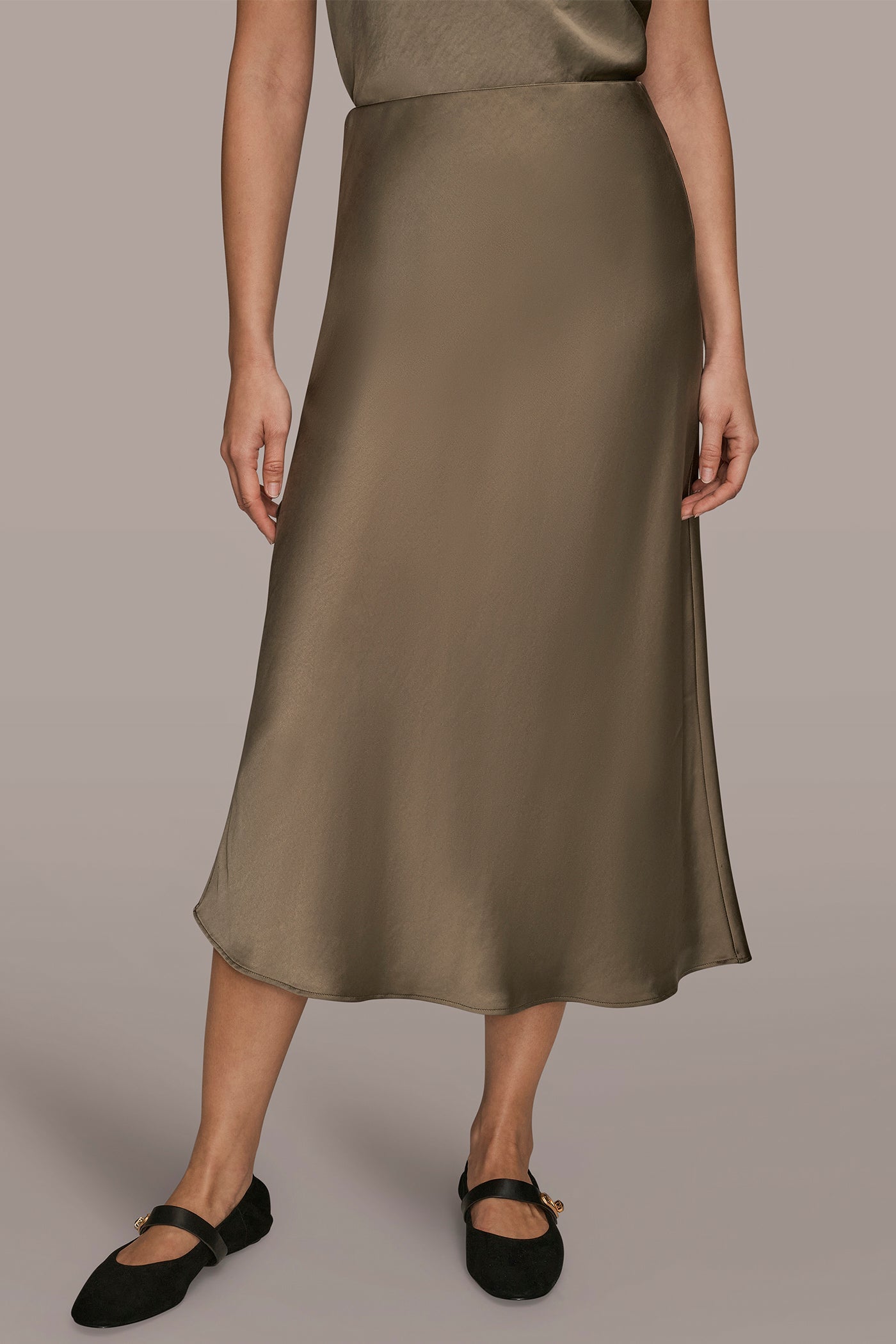 UTILITY GREEN SATIN MIDI A-LINE SKIRT Donna Karan