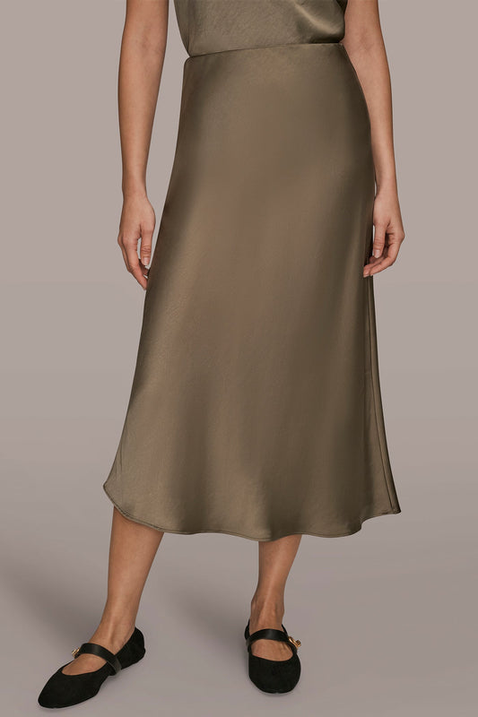 UTILITY GREEN SATIN MIDI A-LINE SKIRT Donna Karan