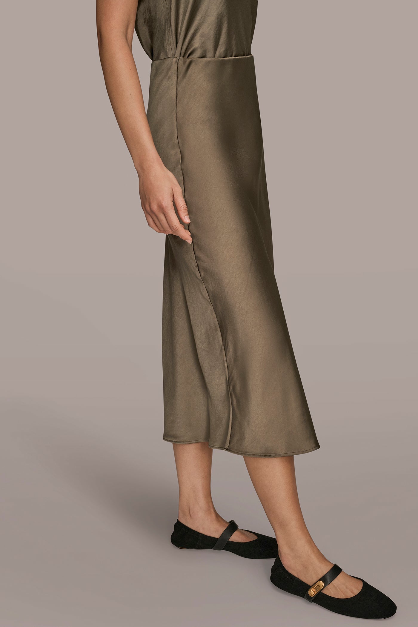 UTILITY GREEN SATIN MIDI A-LINE SKIRT Donna Karan