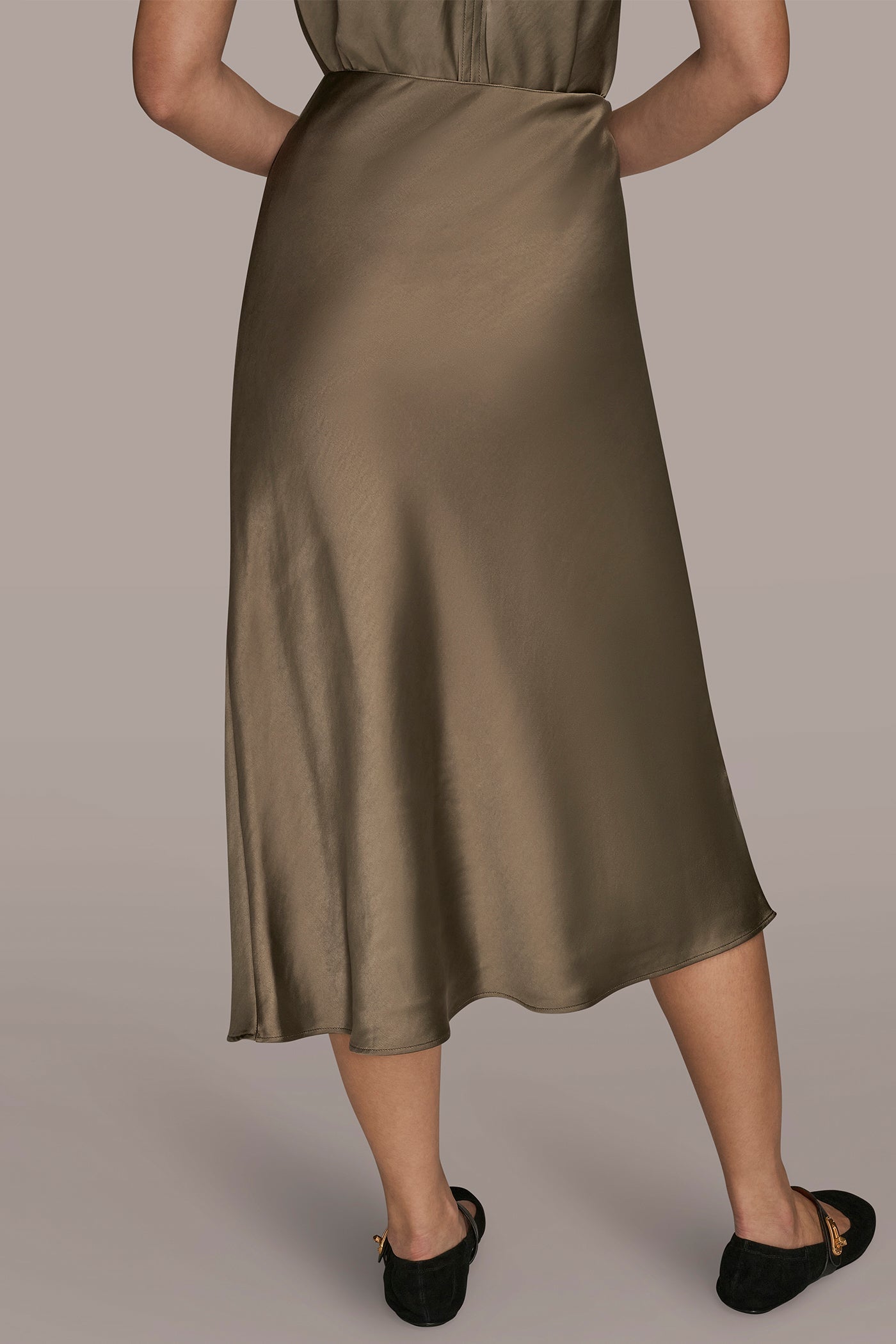 UTILITY GREEN SATIN MIDI A-LINE SKIRT Donna Karan