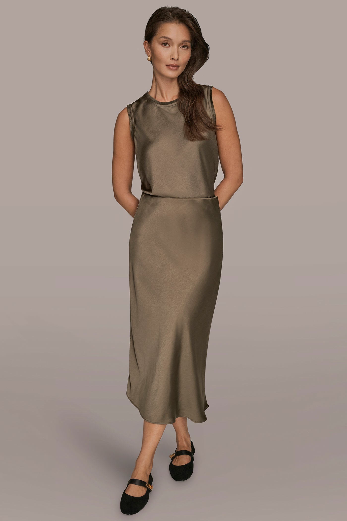 UTILITY GREEN SATIN MIDI A-LINE SKIRT Donna Karan