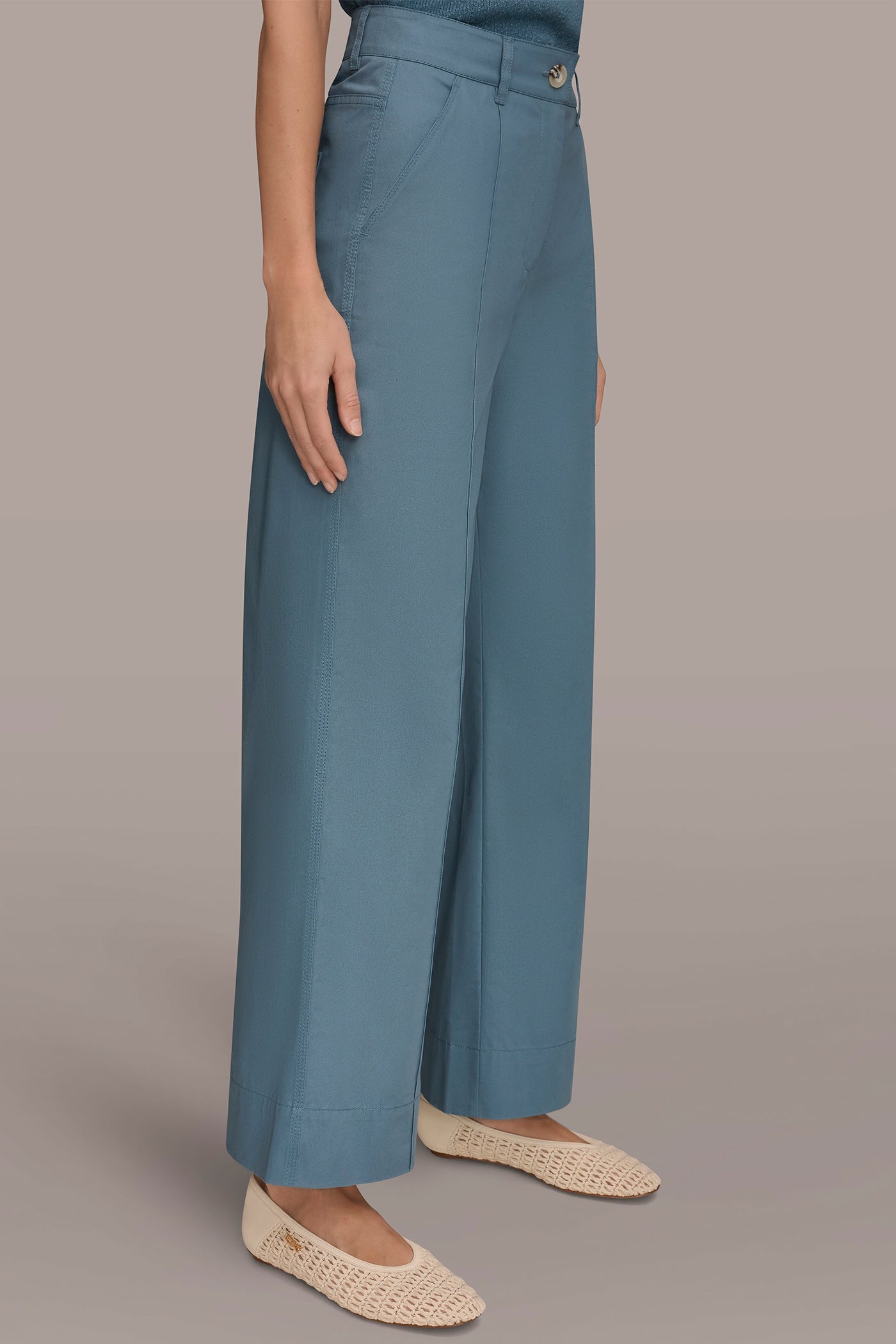 Washed Indigo HIGH-RISE PINTUCKED WIDE-LEG TROUSER Donna Karan