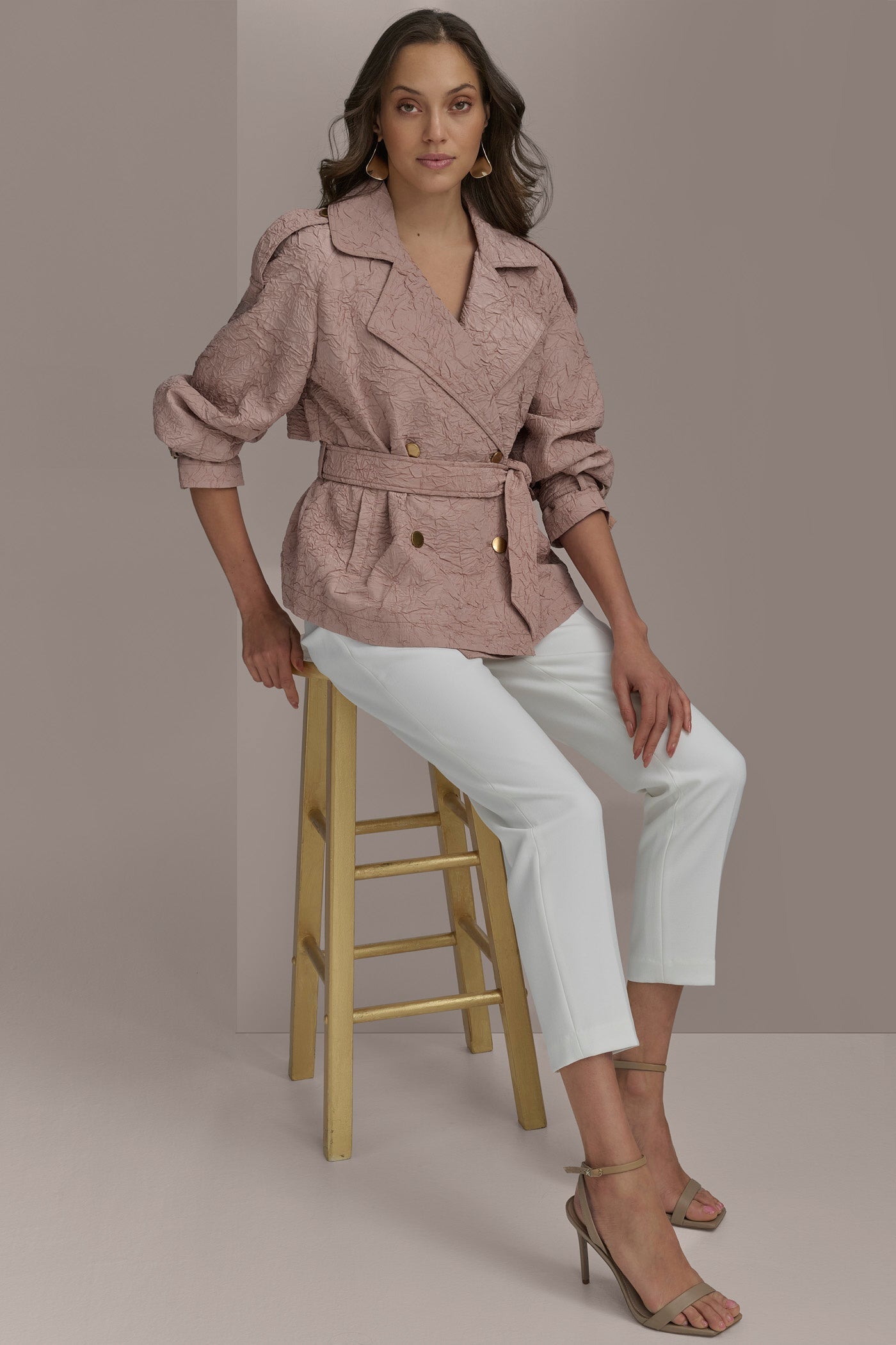 APRICOT HAZE TEXT BUTTON JACKET WITH TIE Donna Karan