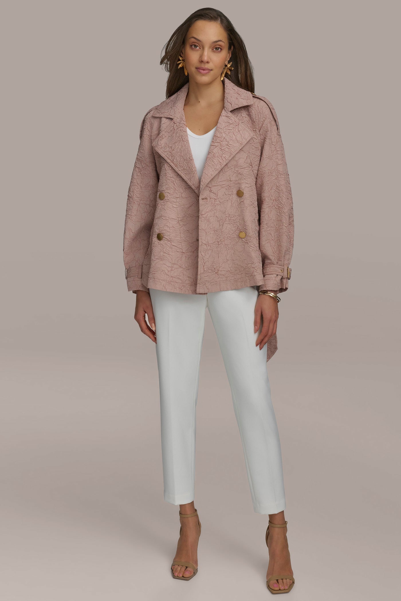APRICOT HAZE TEXT BUTTON JACKET WITH TIE Donna Karan